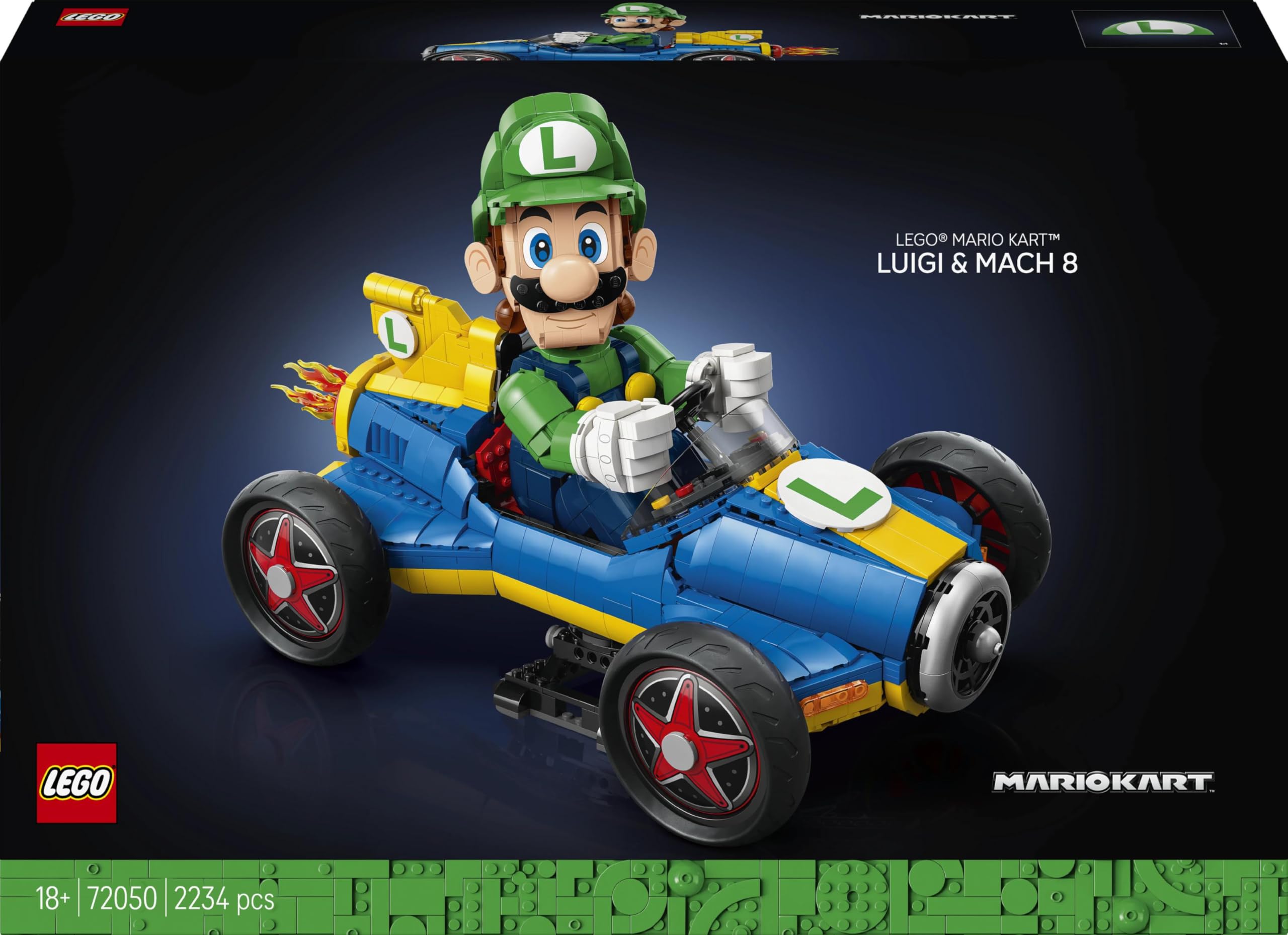 LEGO Super Mario Mario Kart— Luigi i Mach 8 72050 | Model z figurką, zestaw kolekcjonerski dla fanów gier Nintendo, pomysł na prezent 18+, gamingowa dekoracja, 2234 elementy