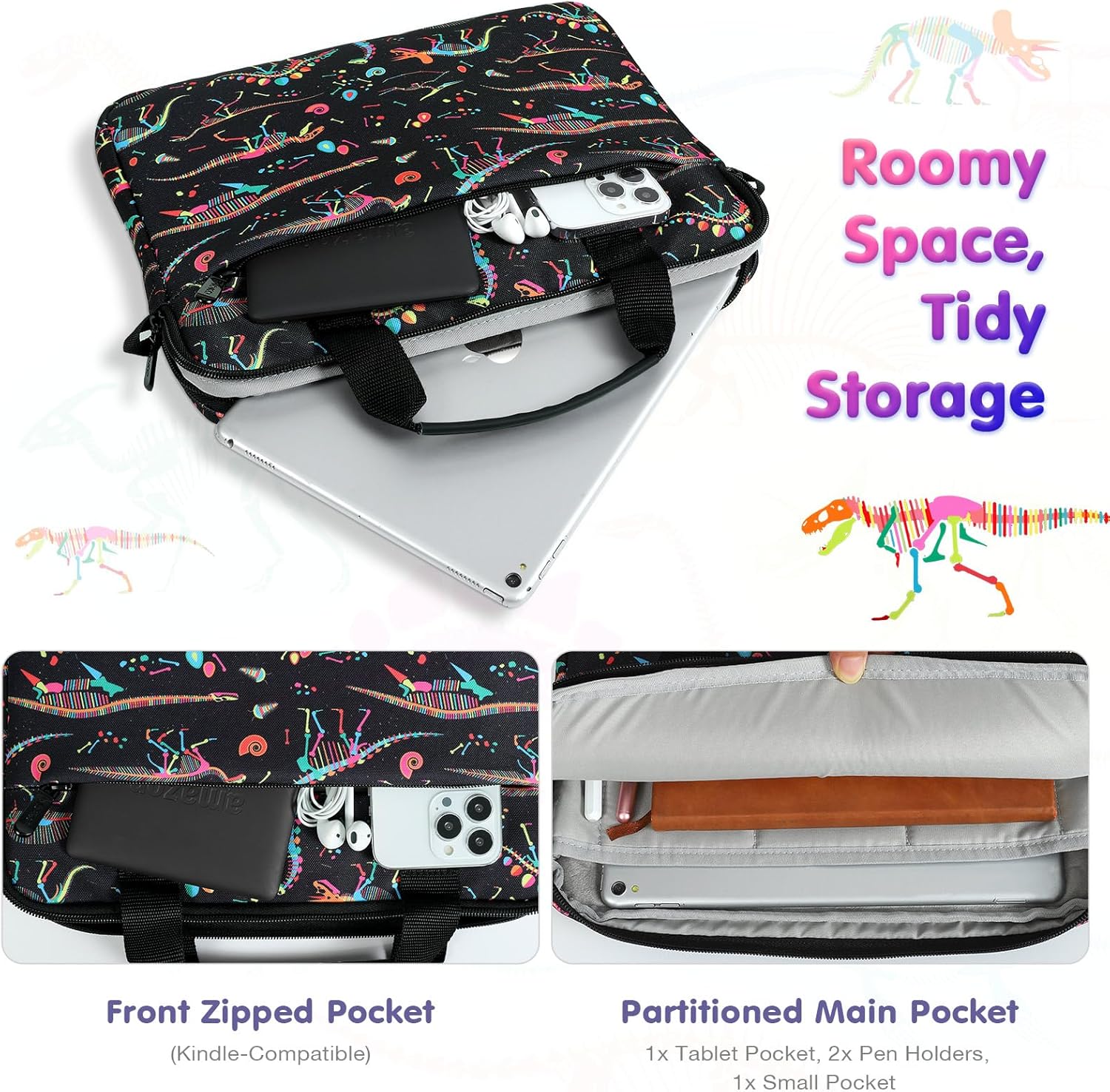 MoKo 10-12.5 Inch Kids Tablet Sleeve Carrying Case for Fire HD 10 13th/11th Gen, Fire HD 8/7 Kids 2022, Tablet Bag with Shoulder Strap for 10/10.1 Inch Android 12/13, Black Dinosaur - Image 5