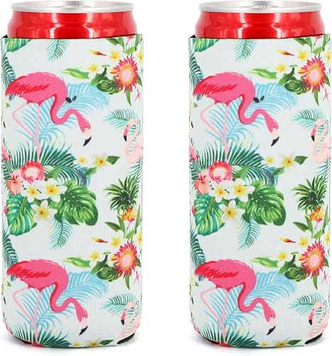 Neoprene Slim Beer Can Cooler Tall Stubby Holder Foldable Stubby Holders Beer Cooler Bags Fits 12oz Slim Energy Drink & Beer (Tropical Flamingo(2Pack))