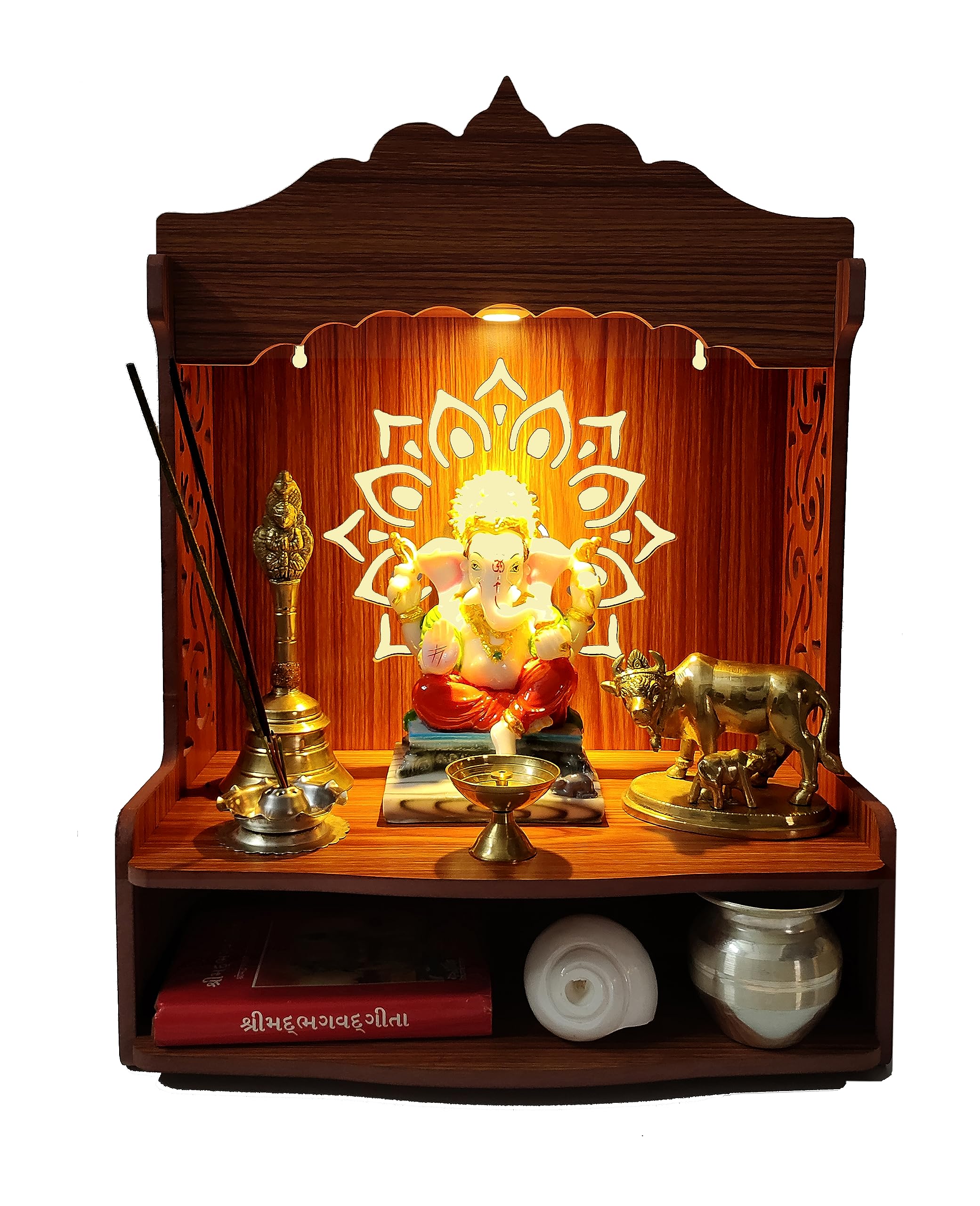Bellissimo mandir Pooja in legno per casa/tempio per casa e ufficio/Puja Mandir/Puja Stand/Pooja Mandapam con faretto LED (spessore compensato 8 mm)