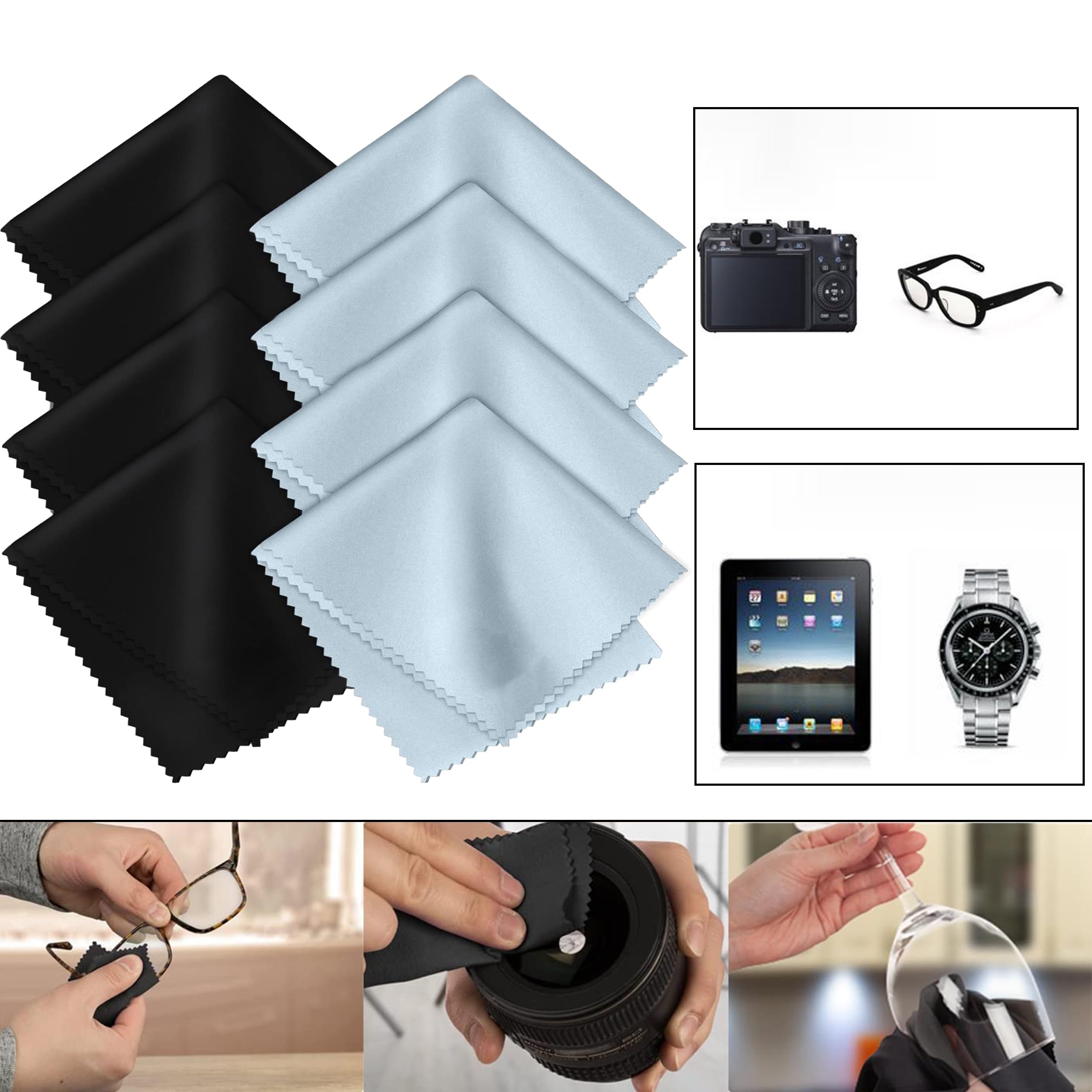 8 Pezzi Panni Microfibra Occhiali, Lavabili per pulizia di occhiali, per Schermi, Lenti, Tablet (Nero*4, Blu*4)
