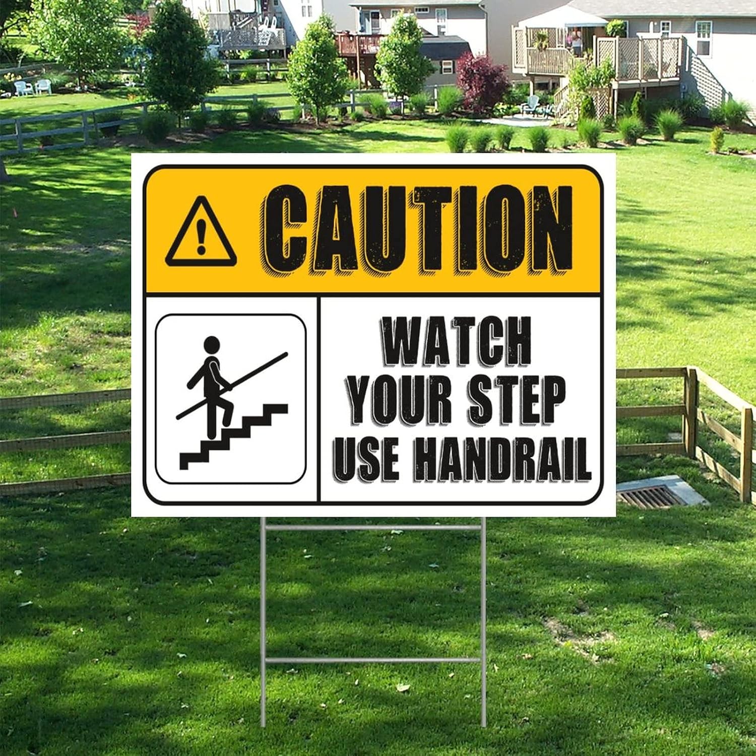 Caution Watch Your Step Use Handrail Yard Sign 18x24 Inch Weatherproof Farmhouse Warning Yard Signs for Home Outdoor Garden Street Road Farm Countryside Park Decoration