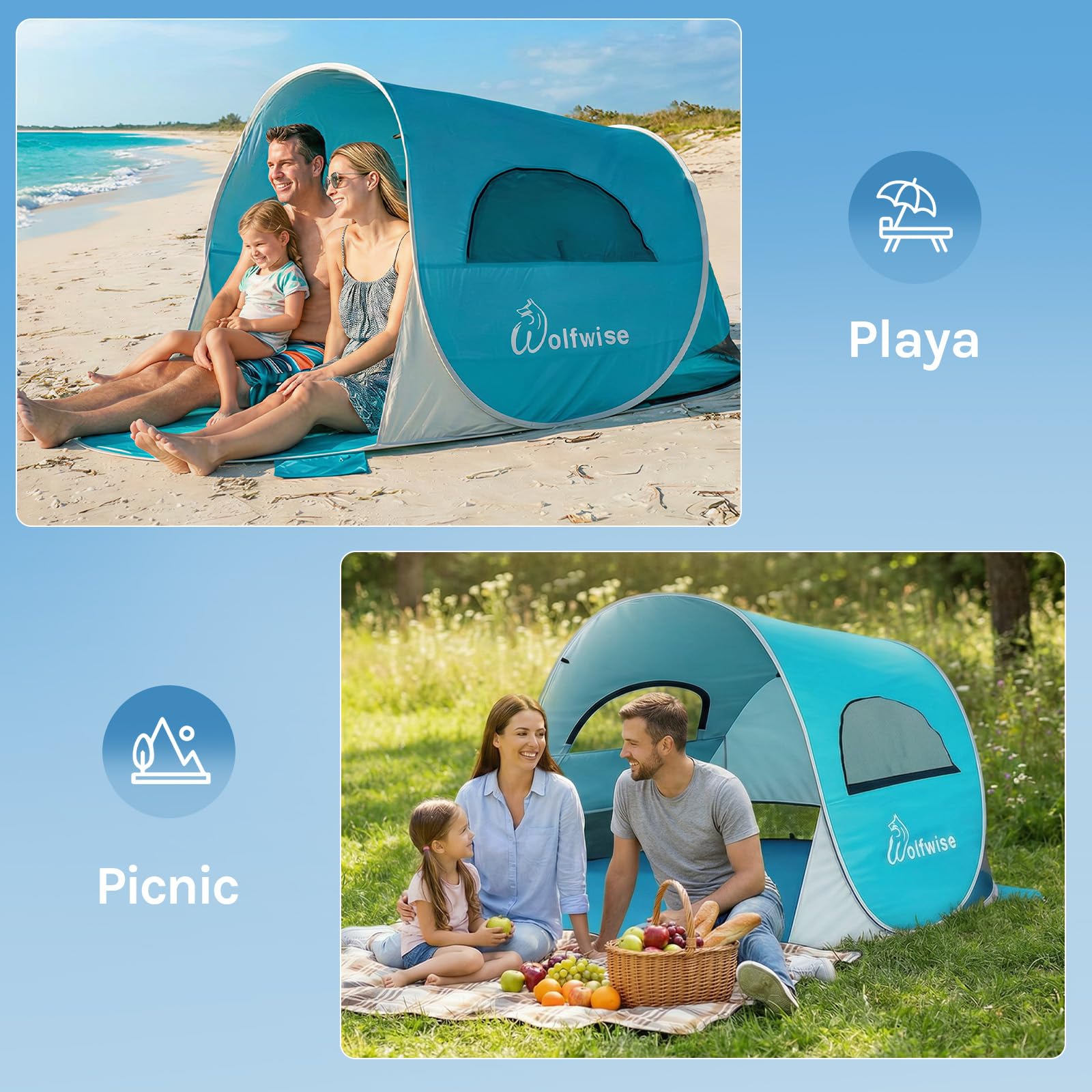 Wolfwise Tienda de Playa UPF 50+, Plegable para 2/3/4/5/7 Personas con sombrilla Deportiva, Tienda de Refugio Instantáneo contra el Sol, Toldo de Sombra