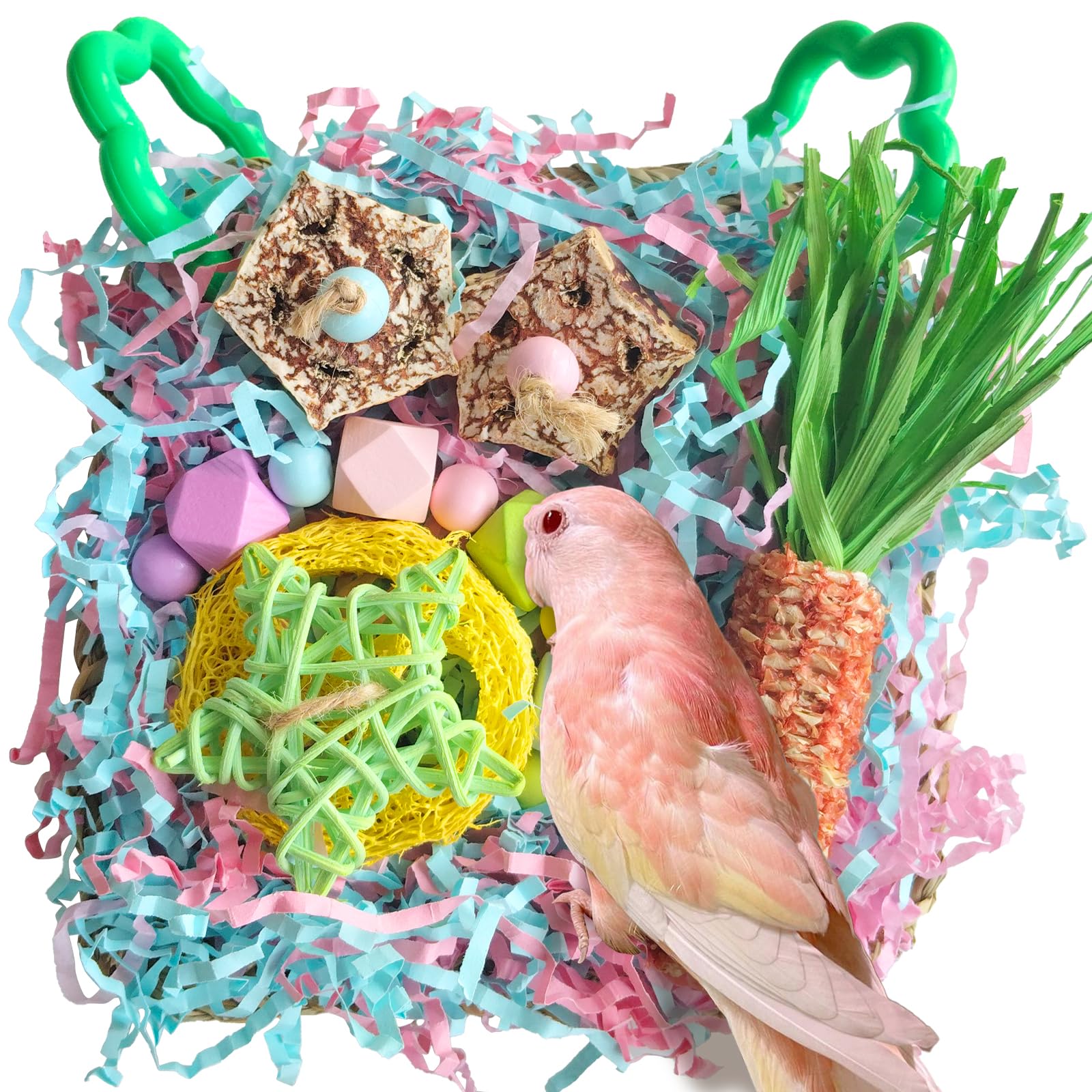 Parakeet Toys, Bird Toy Conure Grass Mat Budgie Shredder Hanging Set Cockatiel Foraging Toys Parrot Climbing Wall Toy Lovebird Cage Accessories for Small Birds