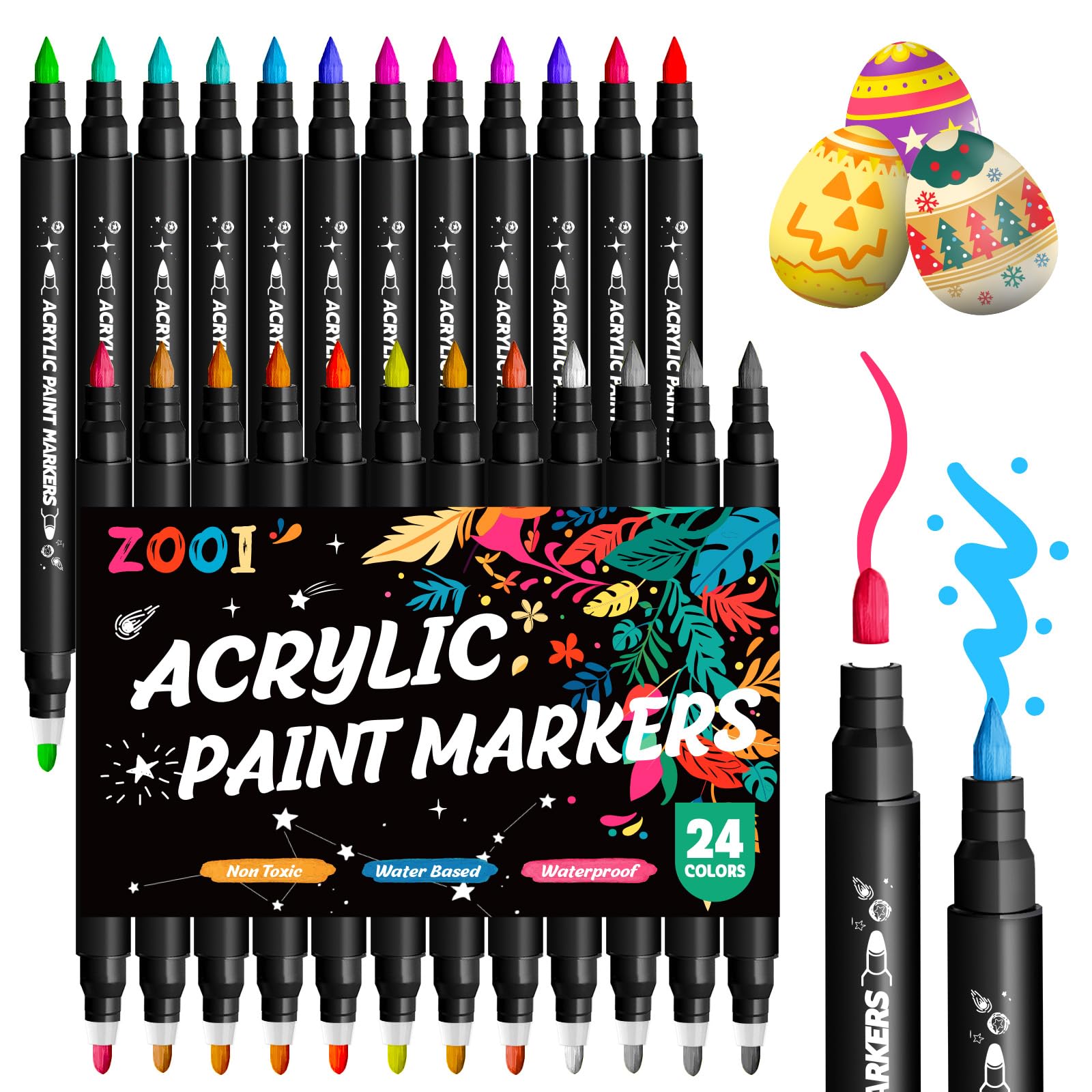 ZOOI Rotuladores Acrilicos con Doble Punta, 24 Colores Acrylic Markers, únicos de Rotuladores Permanentes, Regalo Niña 10 Años, Manualidades Niños, Regalo Niña 4-12 Años, Juguetes Niño 4-10