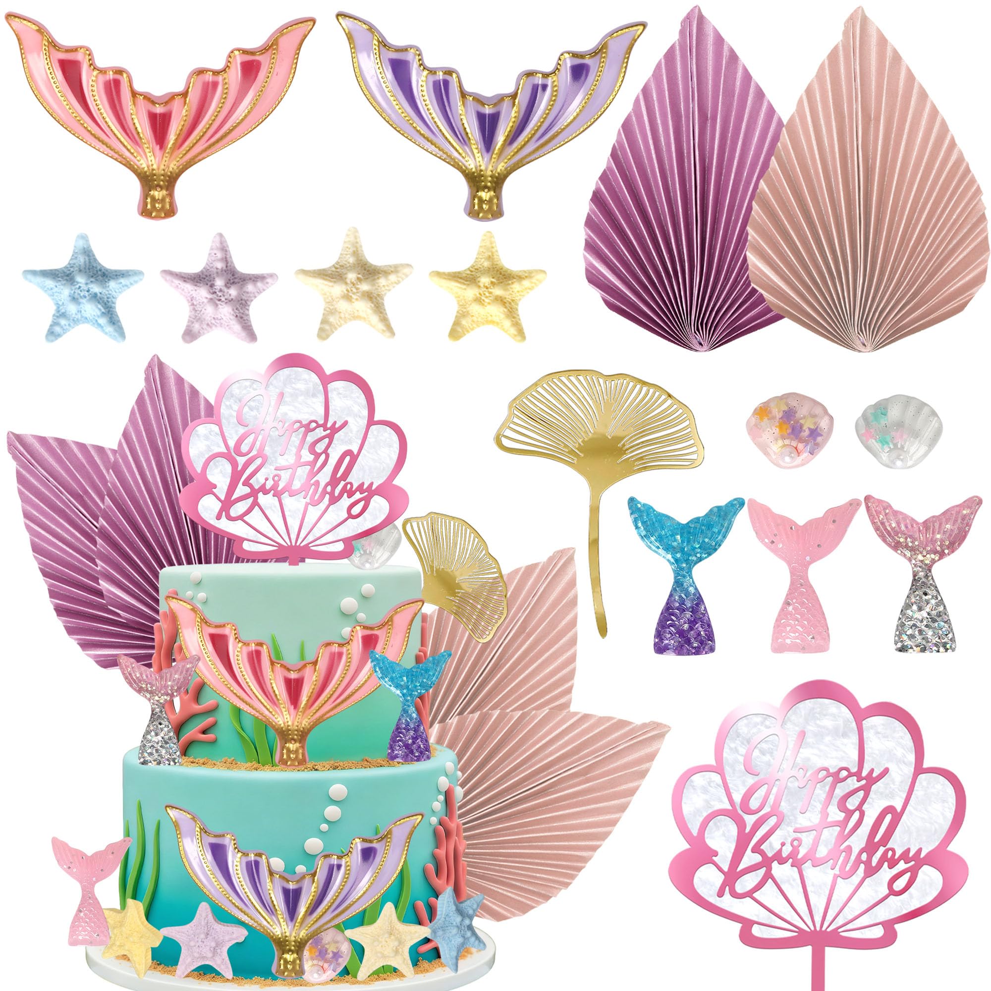 SYKYCTCY 18 Pack Mermaid Tail Cake Topper Mermaid Cake Decorations Mermaid Cake Picks Seaweed Shells Starfish Coralal Under the Sea Cake Decorations for Birthday Party Supplies