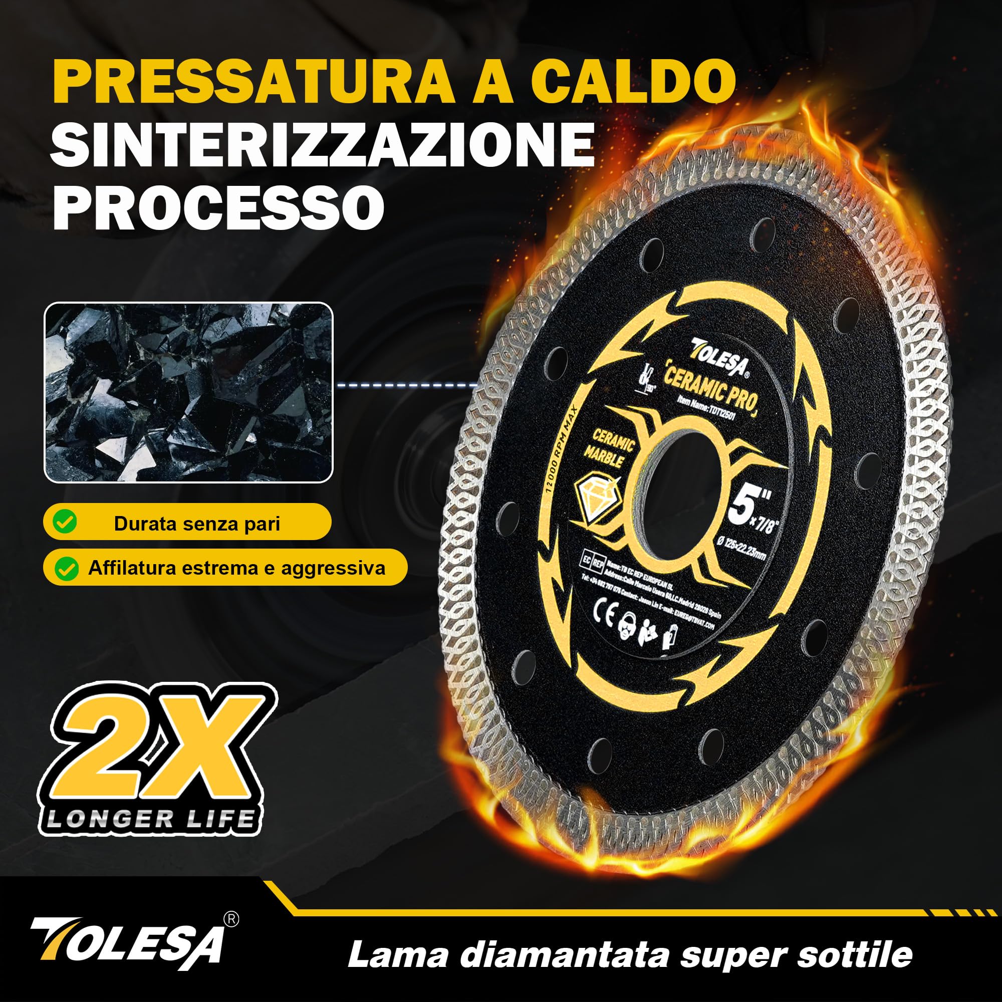 TOLESA Disco Diamantato 125 mm, Disco da Taglio Extra Sottile per Piastrelle, Ceramica, Marmo e Granito, Per Taglio a Secco o ad Acqua, Foro 22,23 mm con Anelli Adattatori 20 mm & 16 mm (Set da 3)