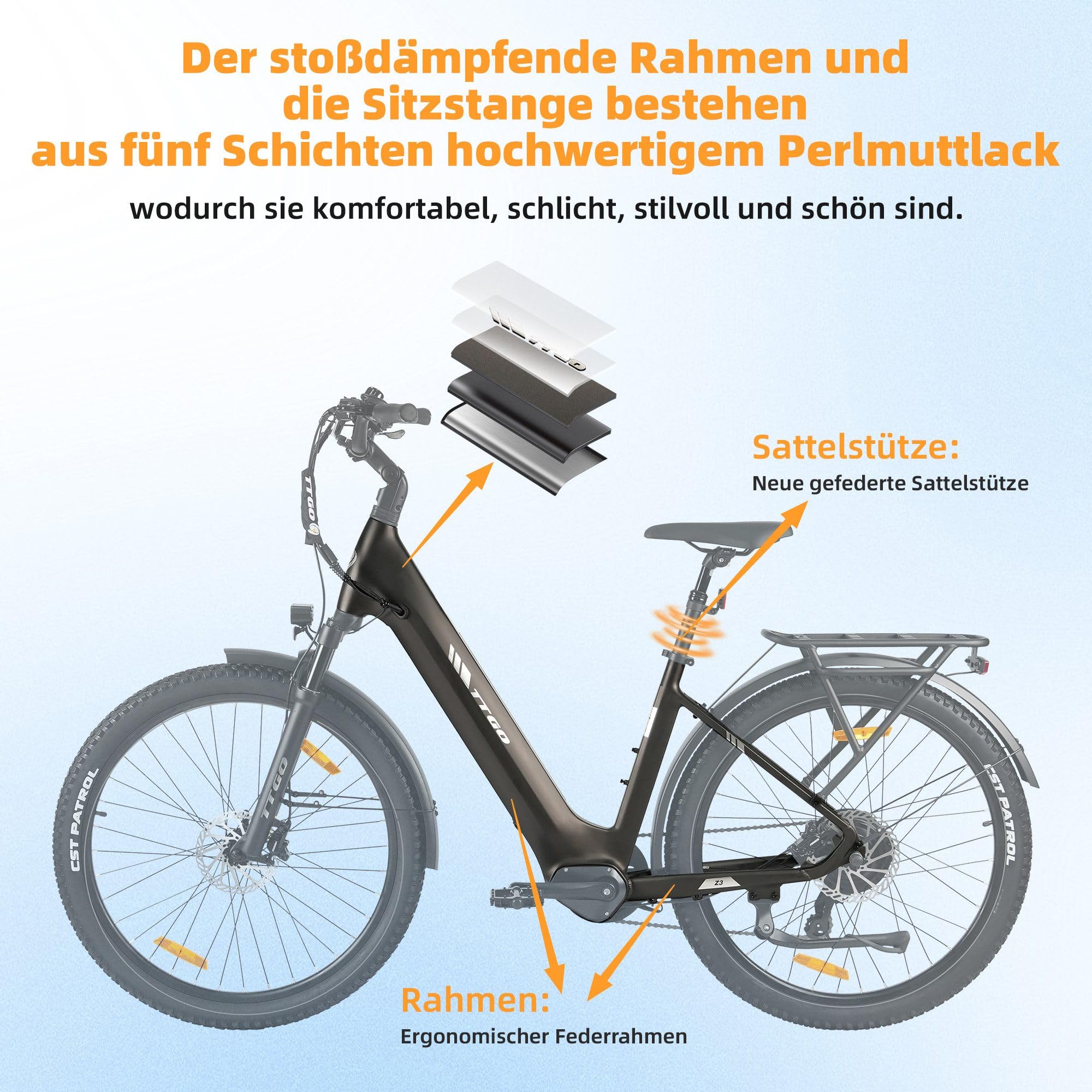 ttgo Z3 E-Bike, 27,5 Zoll Elektrofahrrad für Damen und Herren, E-Citybike mit 250W Motor, 48V 15Ah Akku, bis zu 120 km Reichweite, 7-Gang Schaltung, LCD Display, City E-Bike