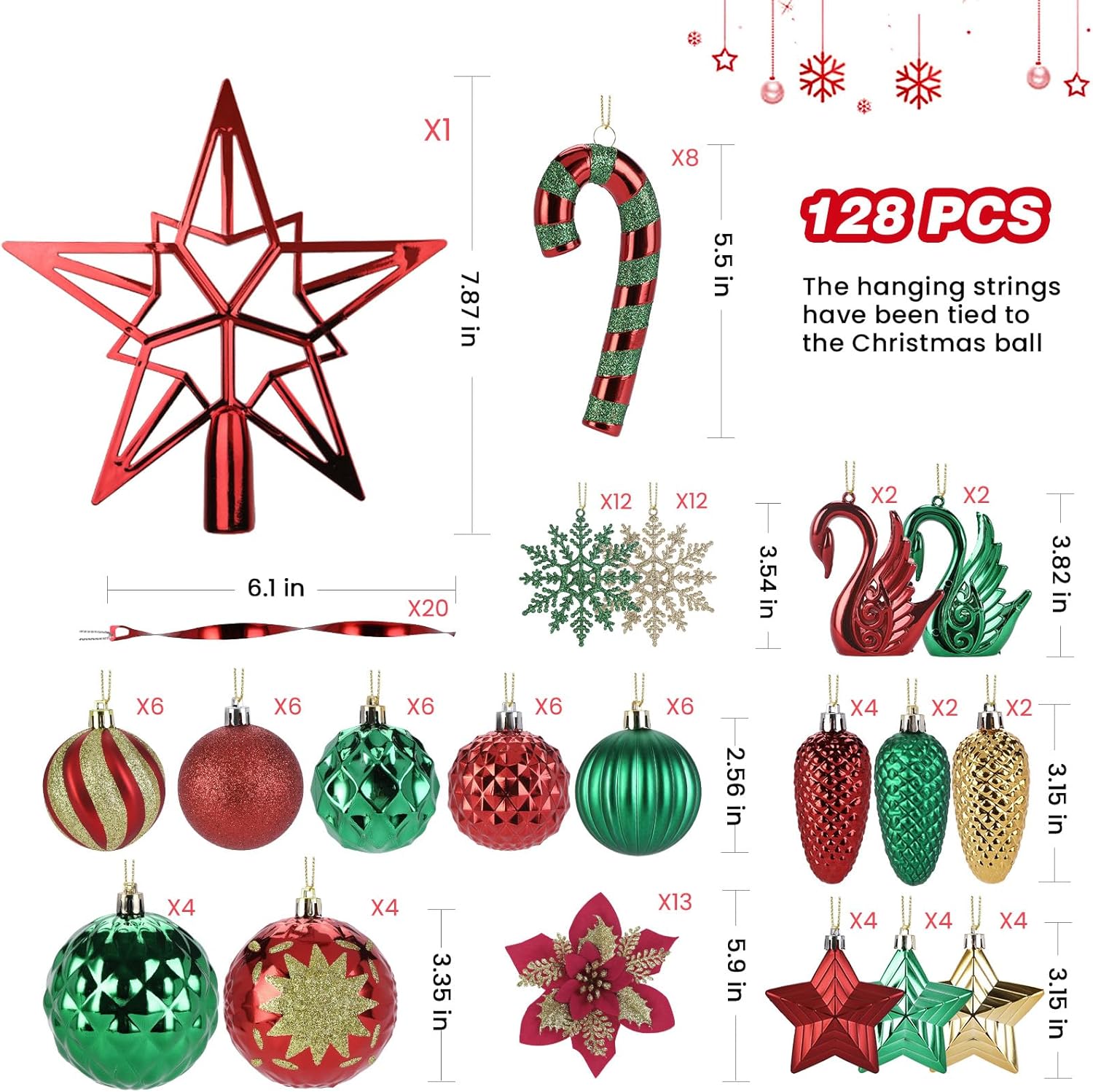 Alupssuc 128pcs Christmas Balls Ornaments Set, Shatterproof Plastic Baubles Christmas Flowers, Ribbon for Xmas Tree Holiday Wedding Party Decorations with Hanging Strings, Red and Green Gold