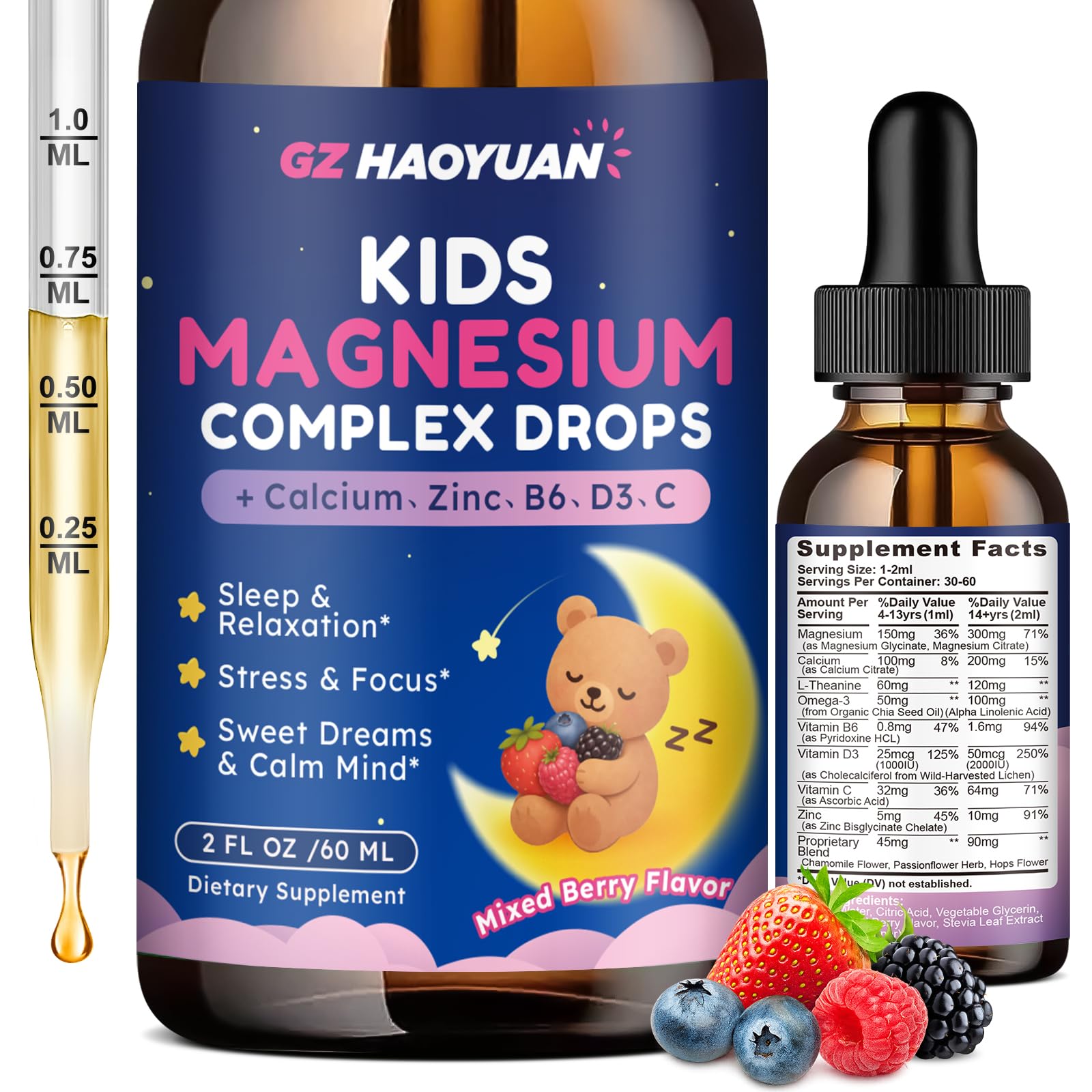 Kids Magnesium Liquid Drops - Magnesium Glycinate Drops for Kids, Citrate Liquid with Calcium, Omega-3, L-theanine, Zinc,Vitamin B6 D3 C for Sleep,Relaxation,Calm & Focus,Mixed Berry Flavor,2 Fl Oz Mixed Berry 2 Fl Oz (Pack of 1)