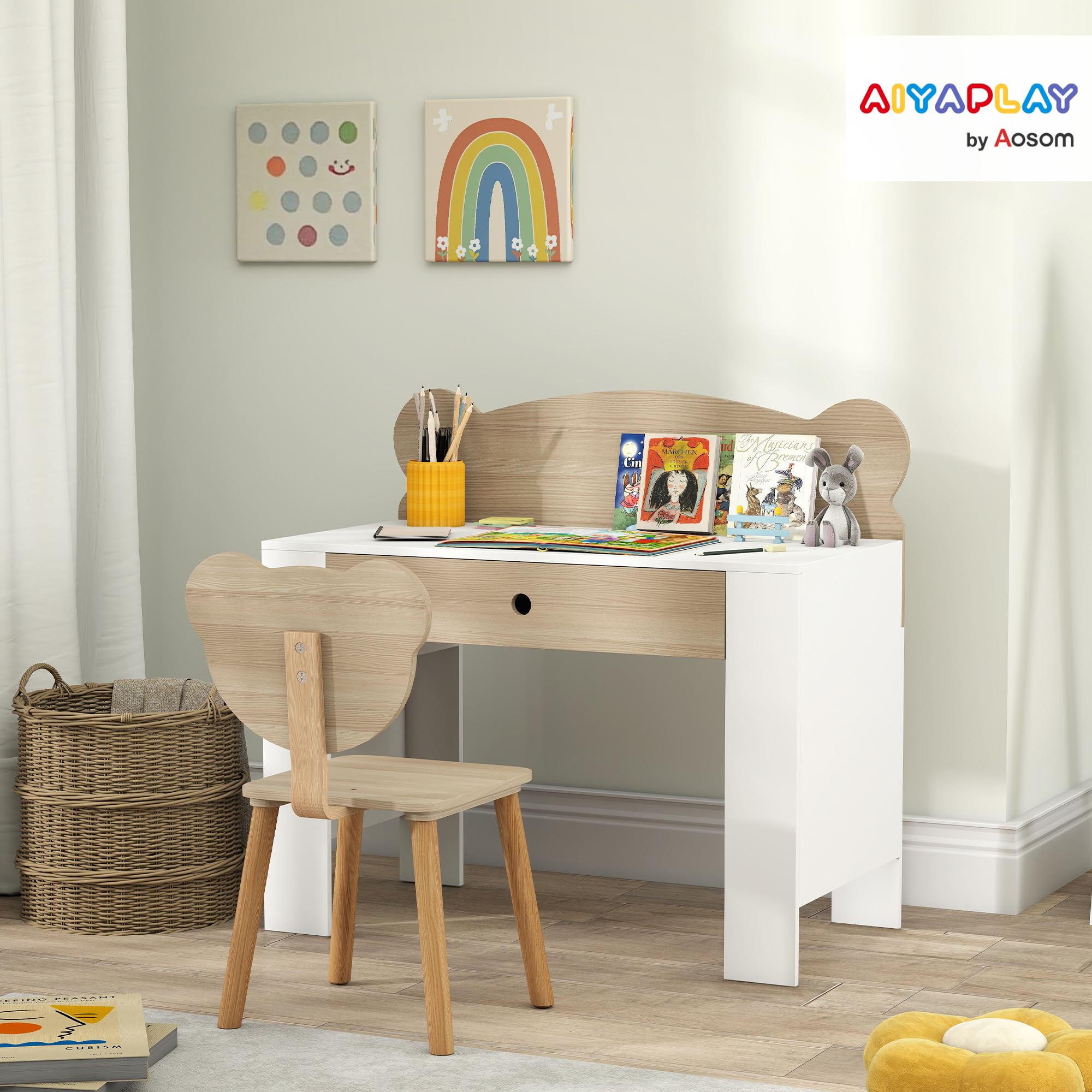 AIYAPLAY Kinderschreibtisch Set mit Tischplatte & Schublade Kinder Schreibtisch und Stuhl mit Bärenform Schülerschreibtisch Kindertisch Jugendschreibtisch für Jungs & Mädchen Naturholz