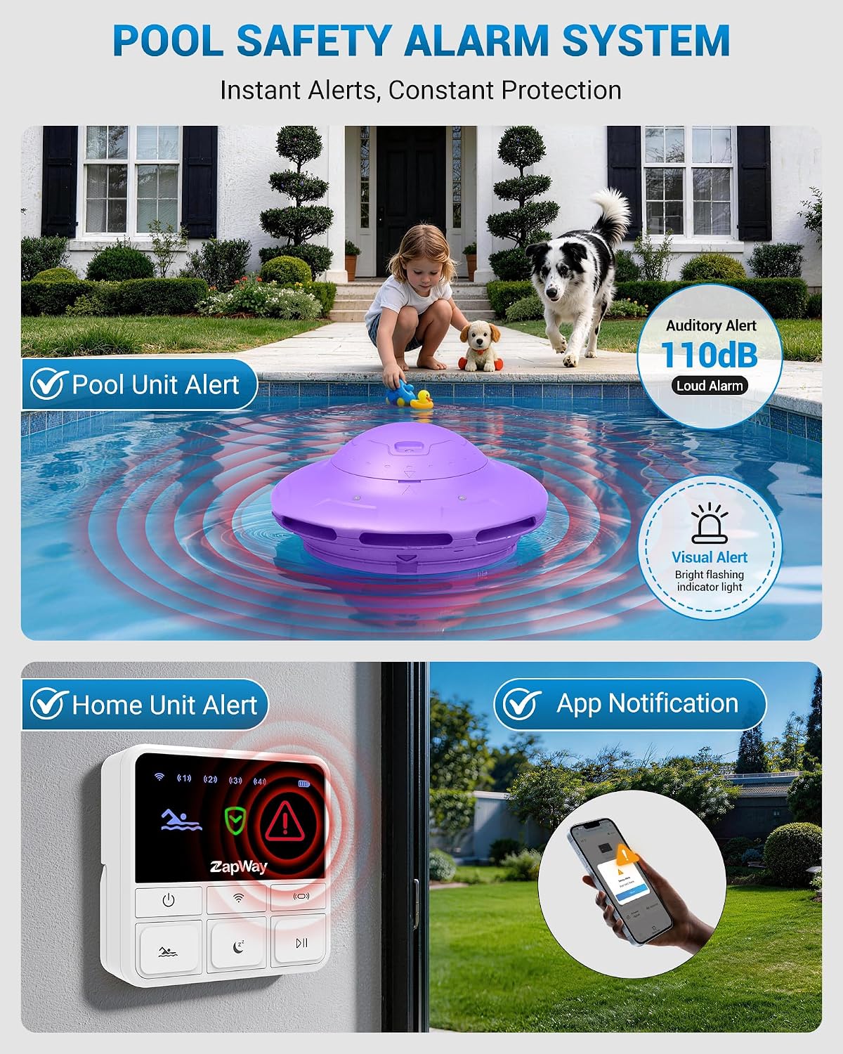 Pool Alarm with Home Receiver - Loud Floating Safety Pool Alarms with App Remote Control for Inground & Above Ground Pools, Extra Water Safety for Kids, Pets and Pool Owners, Purple