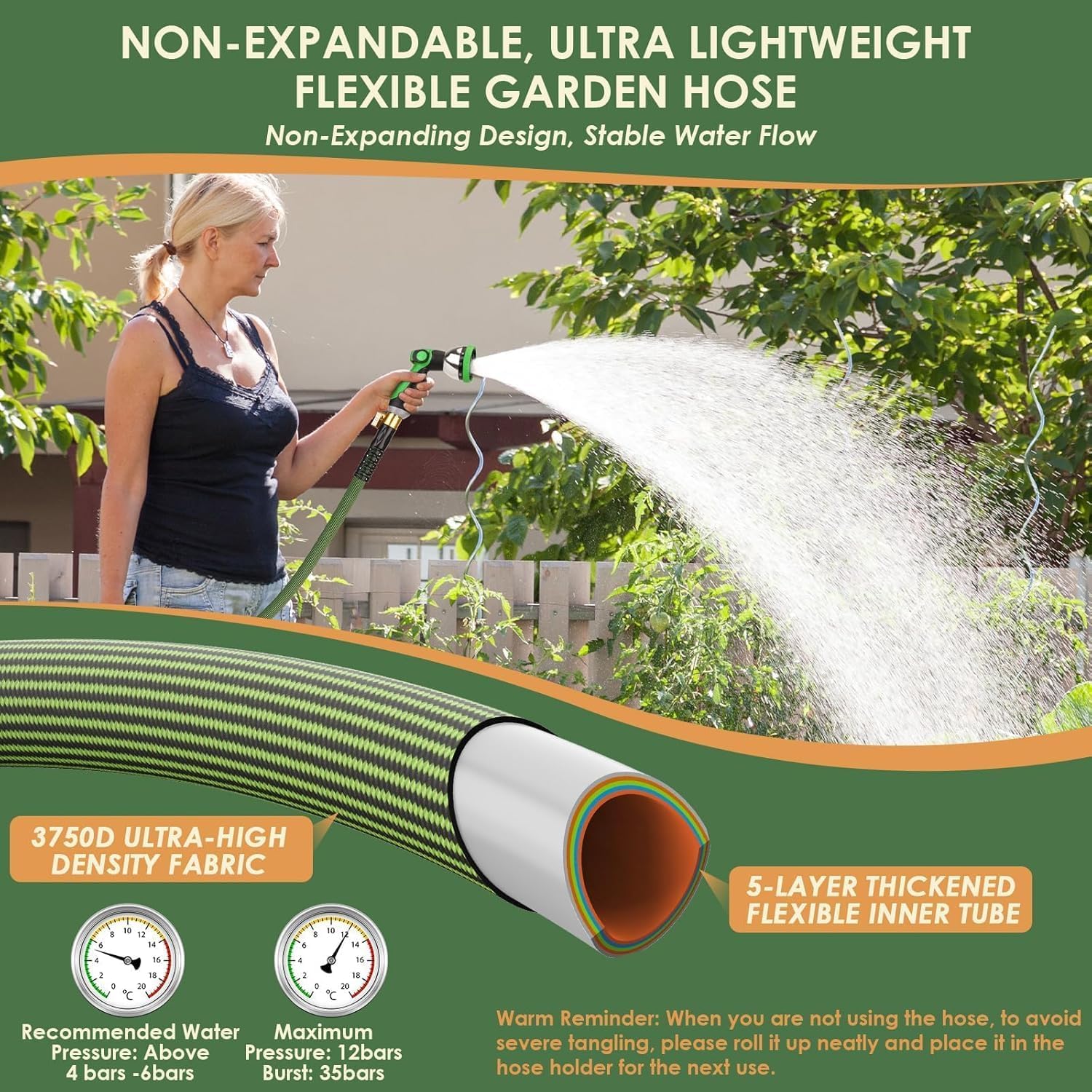 Non-Expandable Garden Hose 100 ft, Ultra Lightweight Flexible Water Hose with 10-Pattern Nozzle, Leak-Proof, High-Density Fabric, Thickened Connector, Shut-Off Valve for Yard, Lawn, Outdoor - Image 4