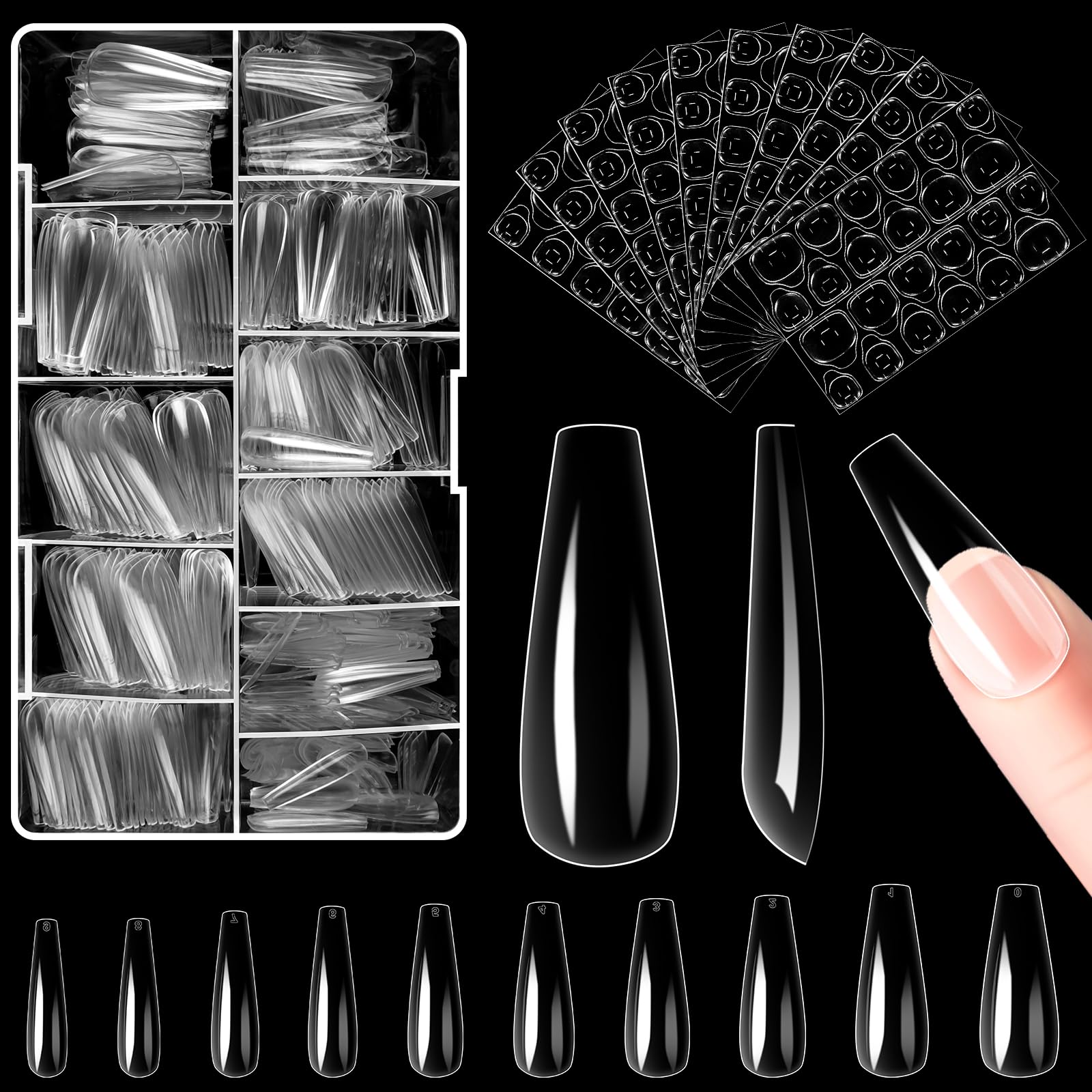 Alyvisun 500 Piezas Uñas Postizas Transparentes, 10 Tamaños Tips Uñas Falsa Con 240 Piezas Gel Uñas Pegatinas Kit, Artificial Puntas de Uñas Francesas con Caja para Mujeres Niñas Salones y DIY