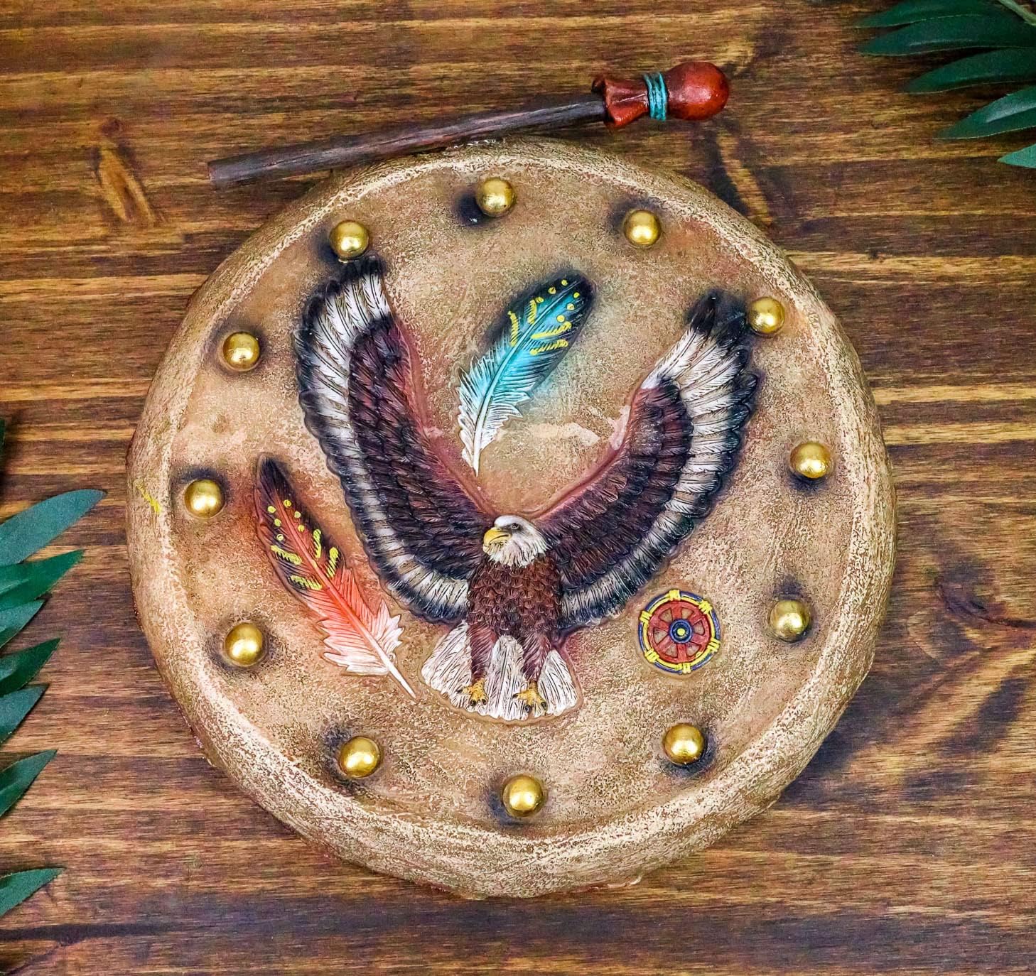 Ebros Native American Indian Soaring Eagle and Feathers Warpath Drum Shield and Stick Wall Sculpture Figurine 10.75" High Dreamcatcher Themed Plaque Decor Dream Catcher Decoration