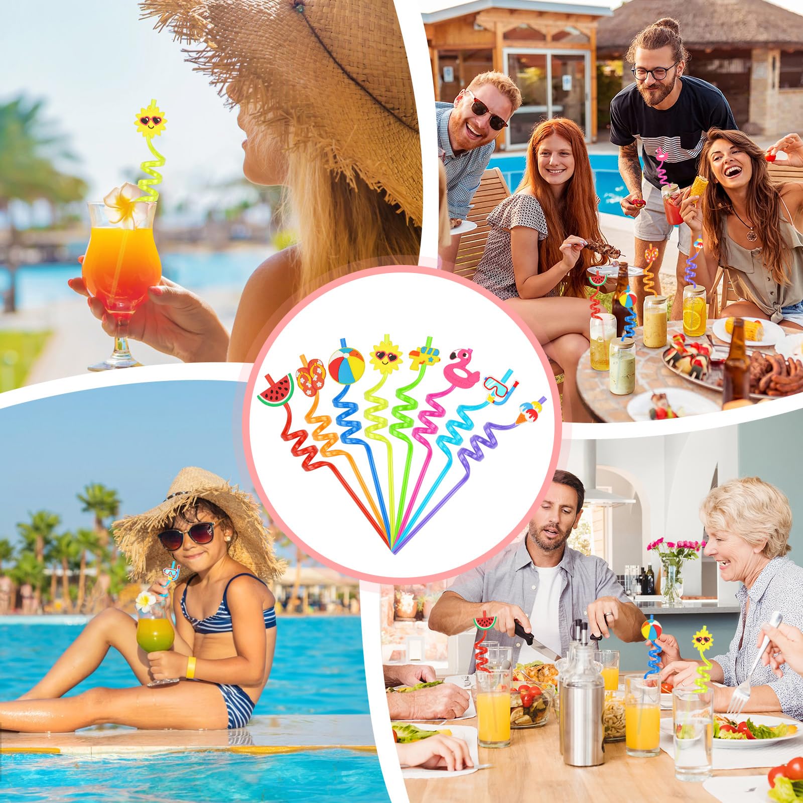 Pajitas de Plastico Reutilizables Niños Cañitas Paja de Bebida Rizada 16 Pzs Pajita Transparentes Pajitas de Colores Espiral para Pajita Fiesta de Verano para Niños Adultos (Verano)