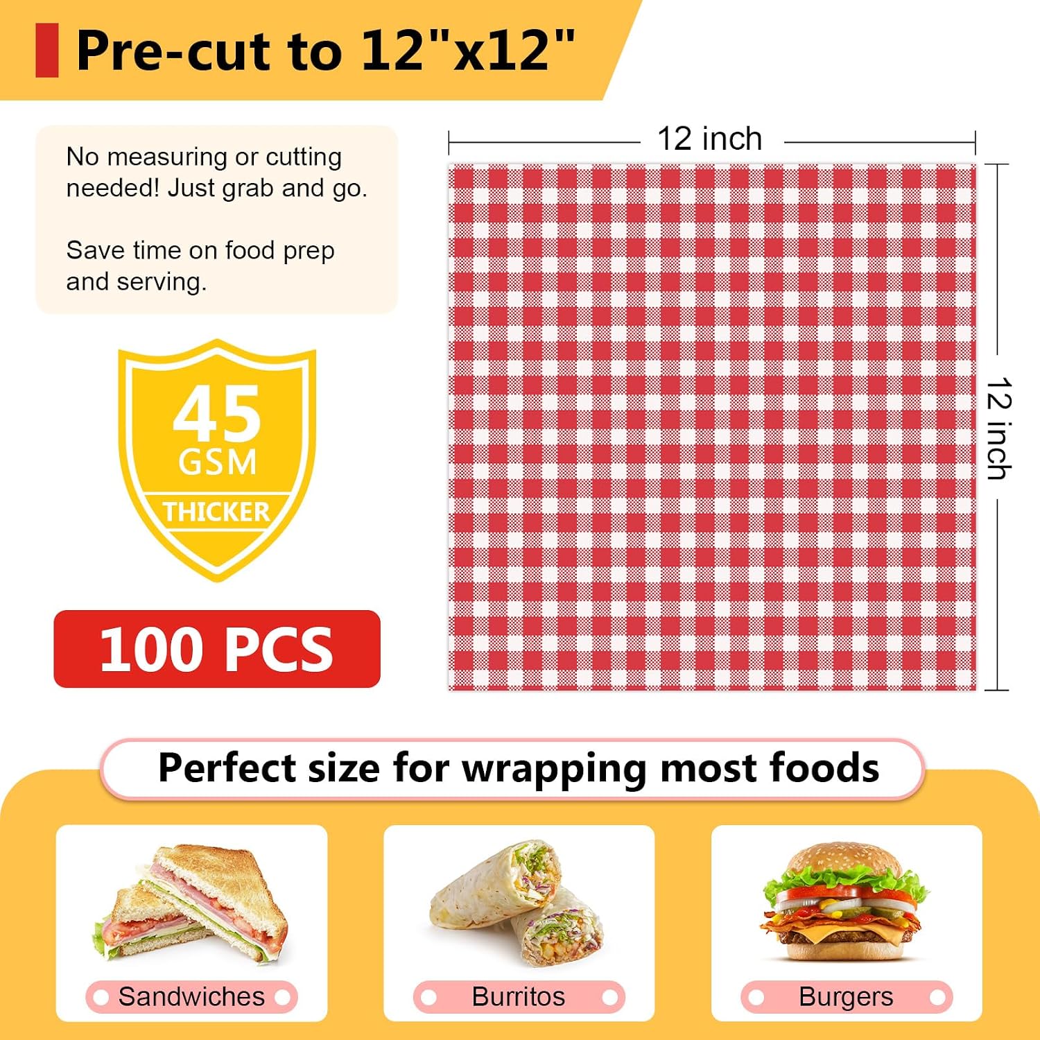 NATURALABEL Red and White Check Deli Paper, 12"x12", 100 Sheets