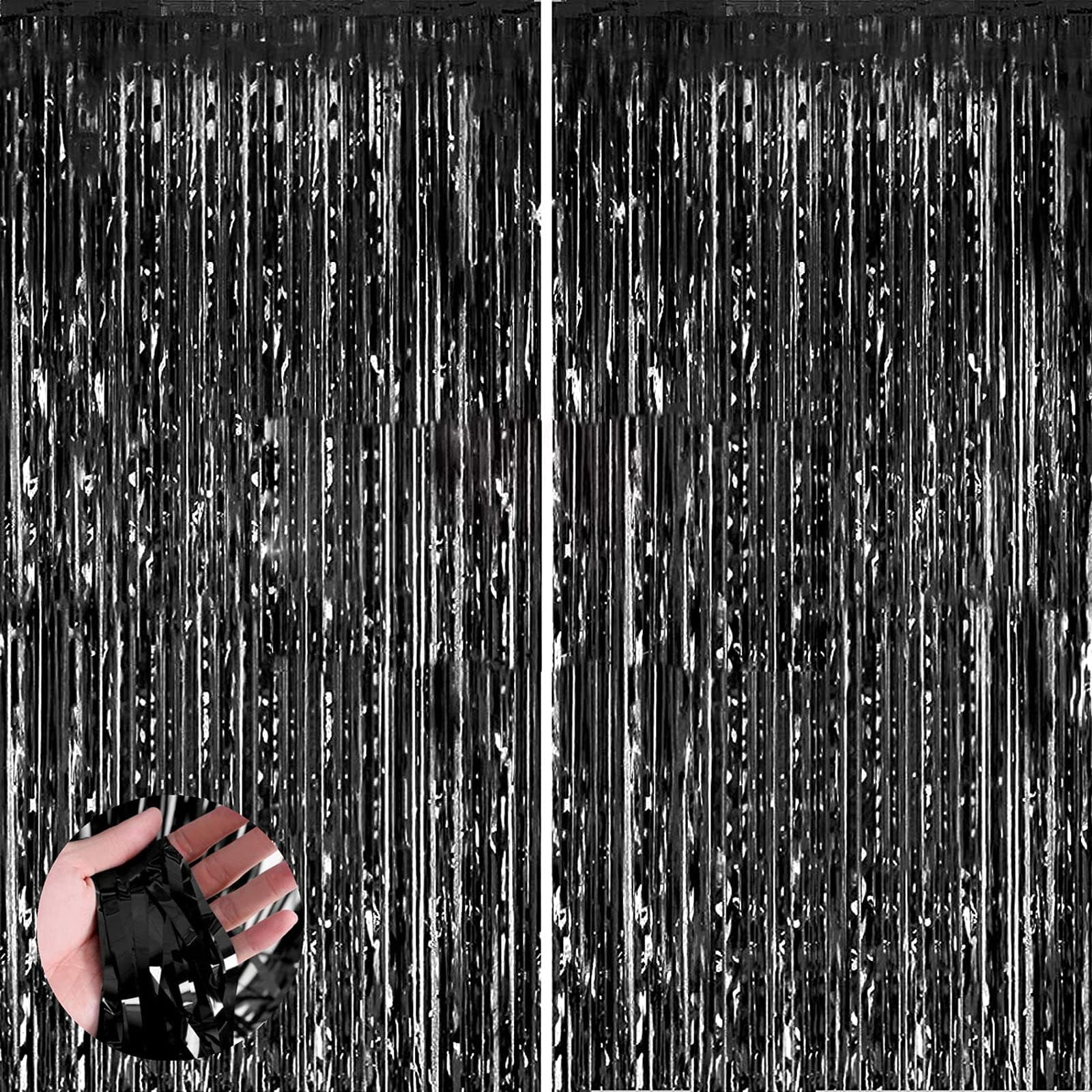 Aisszhao 2pcs 3.2ft x 6.5ft Black Foil Curtain Decoration,Black Tinsel Foil Fringe Curtains Streamer Backdrop for Birthday Graduation Wedding Engagement Bridal Shower Christmas,New Year Decoration