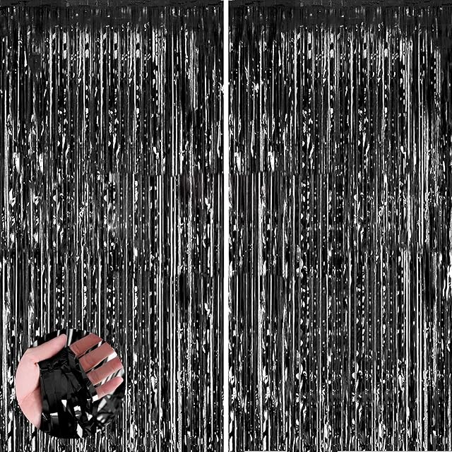 Aisszhao 2pcs 3.2ft x 6.5ft Black Foil Curtain Decoration,Black Tinsel Foil Fringe Curtains Streamer Backdrop for Birthday Graduation Wedding Engagement Bridal Shower Christmas,New Year Decoration