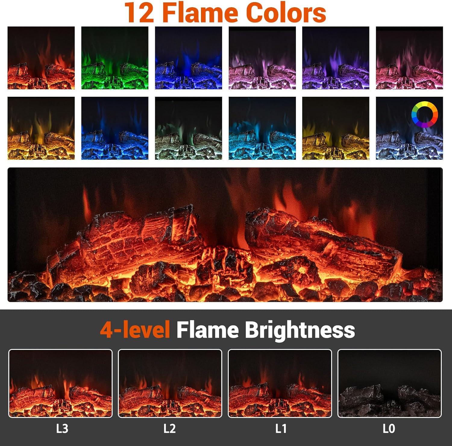 SIMOE 50-Inch Wide 3-Sided View Electric Fireplace with Floating Mantel, 12-Color Dimmable Flame & Ambient Light, 36-Inch Wall Mounted Fireplace (750/1500W) with Remote, 8H Timer, White