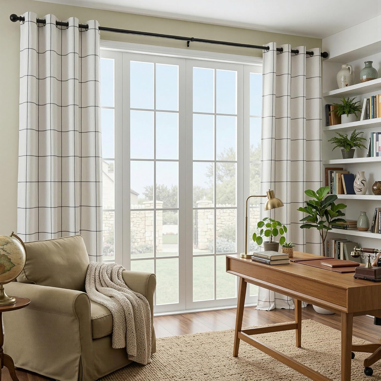 MYSKY HOME 100% Blackout Plaid Farmhouse Linen Curtains 84 Inch Long 2 Panels Set Double Layer Windowpane Checkered Drapes Thermal Insulated Black Out Living Room Drapes, 52" W Each Panel, Deep Grey