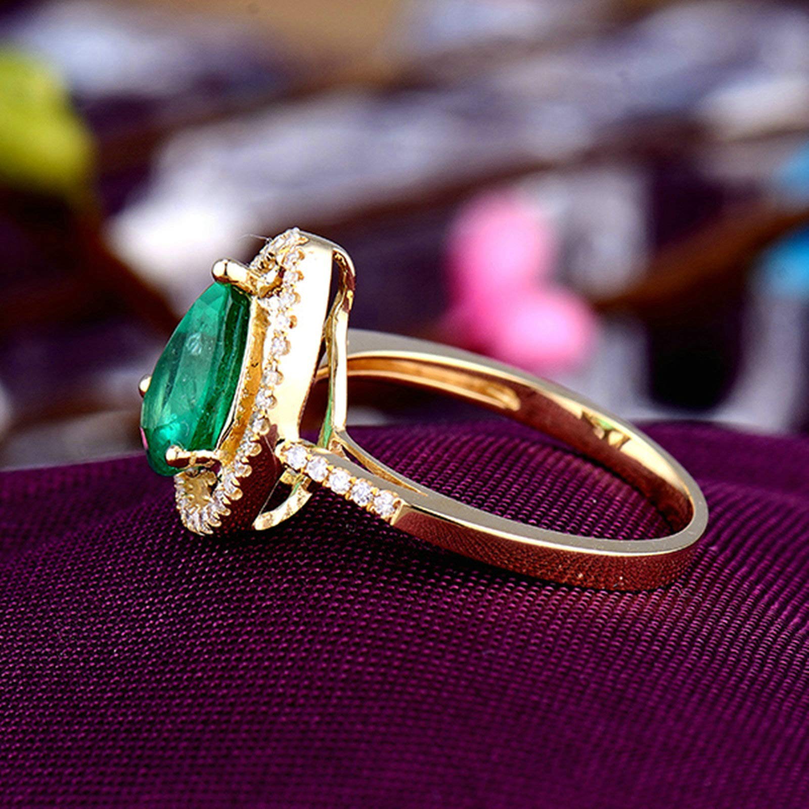 Obrączka ślubna ze złota 750 585 375 damska, rozmiar 47-65, pierścionek zaręczynowy, dla kobiet, krople z szmaragdem 1,5 ct i moissanit 0,17 ct
