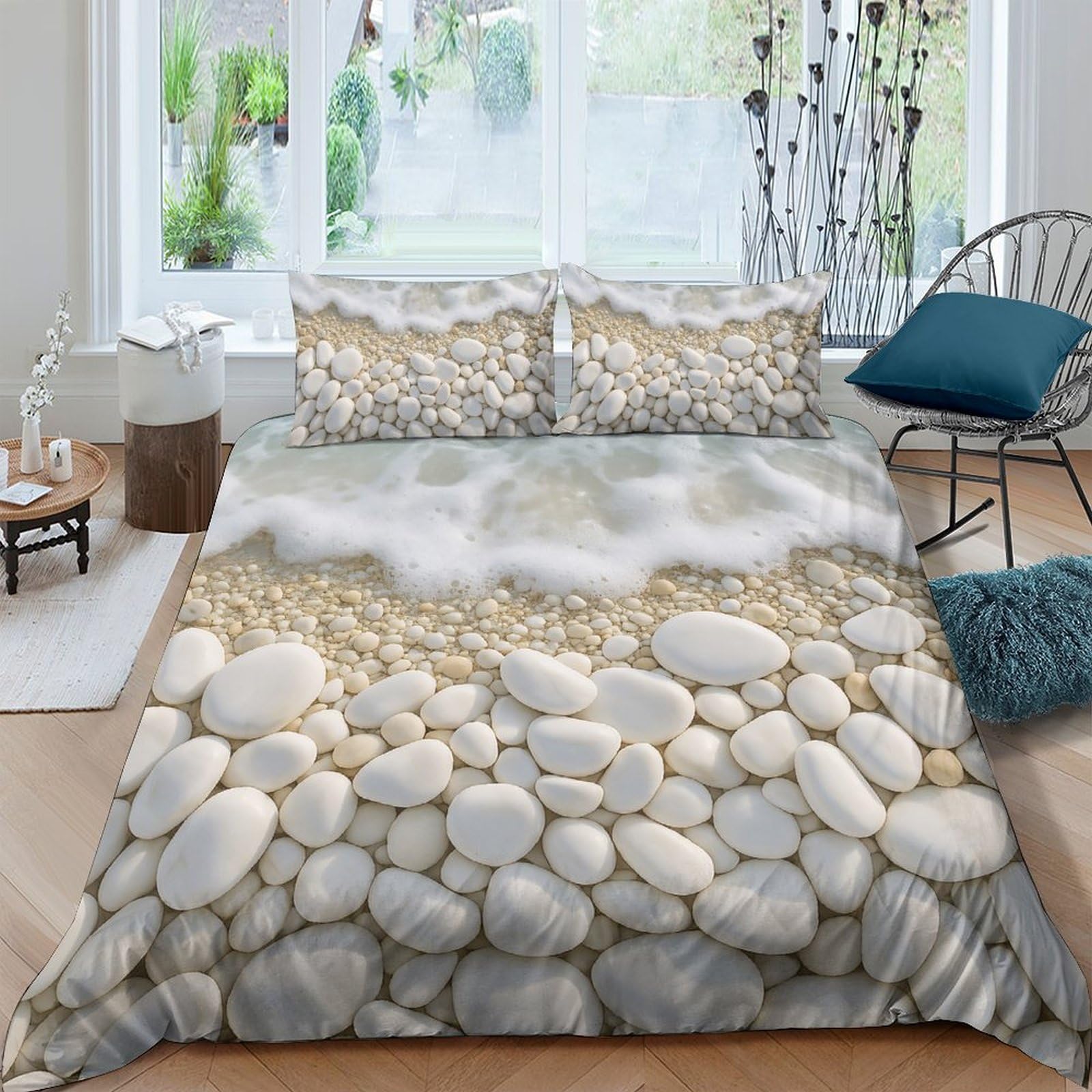 Ctjqhvkz Style-10 3D Printed Pebble Beach Fitted Sheet Microfiber Anti-Slip Mattress Cover Coastal Waves Bed Decor For Home Bedroom Single（135X200cm）