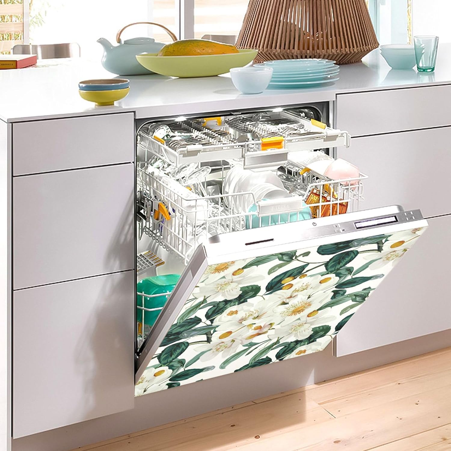 フローラルホワイトピーチフラワーマグネット食器洗い機カバー装飾、ファームハウス冷蔵庫フロントデカールマグネット冷蔵庫カバー58.44