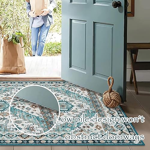 Miniatura 4 de COZYLOOM Alfombra vintage de estilo bohemio de 4 x 6 pies, lavable, con estampado floral oriental, antideslizante, con medallón, suave, plegable,