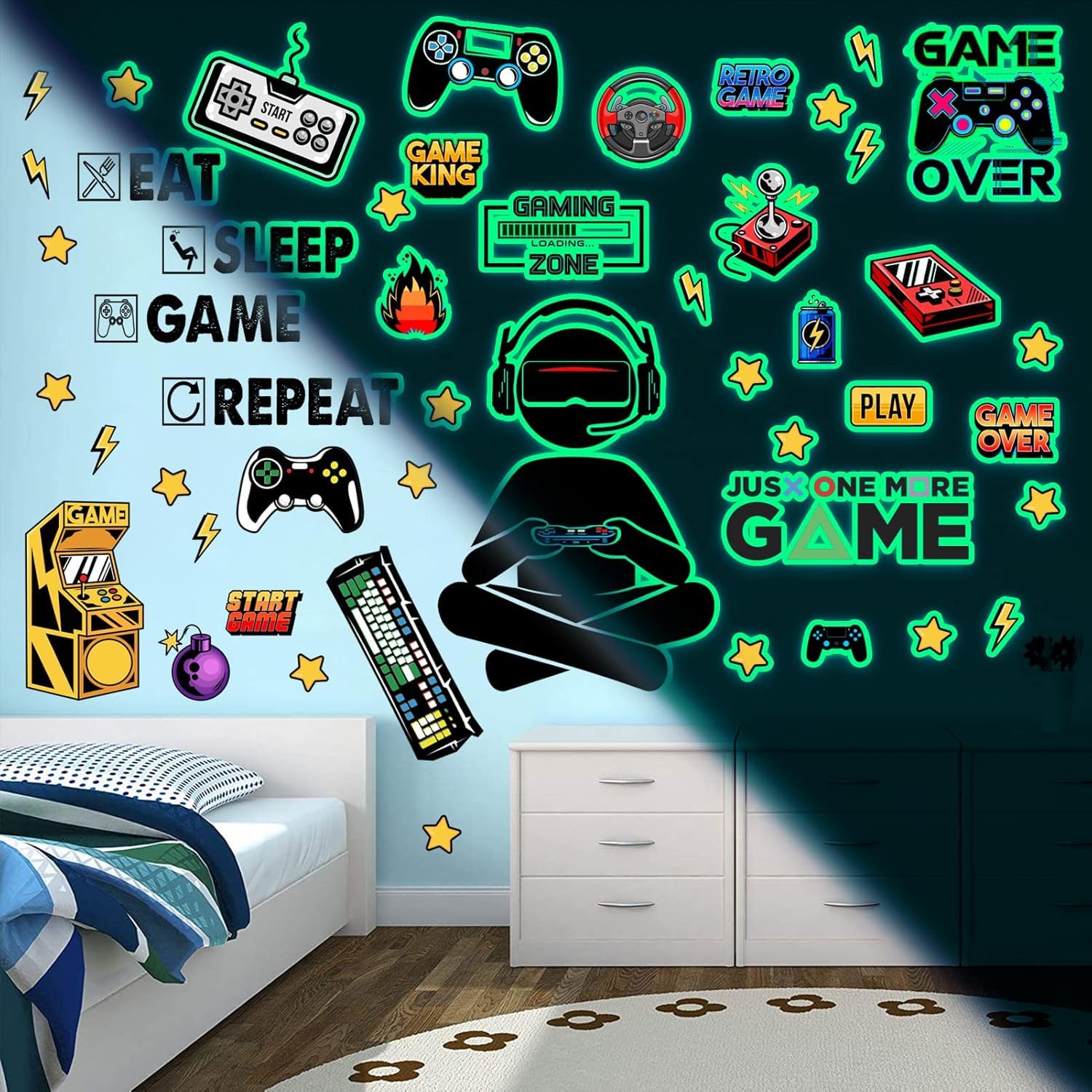 Leuchtende Gaming Wandsticker Selbstklebend Spiel Wandtattoo Kinderzimmer für Glühen im Dunkeln Aufkleber Gamer Leuchtsticker Wandtattoo für Junge Kinderzimmer Schlafzimmer Geschenke grün
