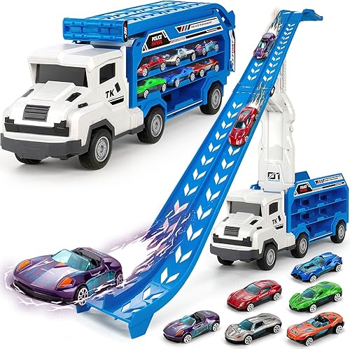 Miniatura 8 de BainGesk Camión transportador de juguetes para niños de 2, 3, 4, 5, 6 años, 2.8 pies, coches de transporte con 6 autos de juguete de metal fundido a