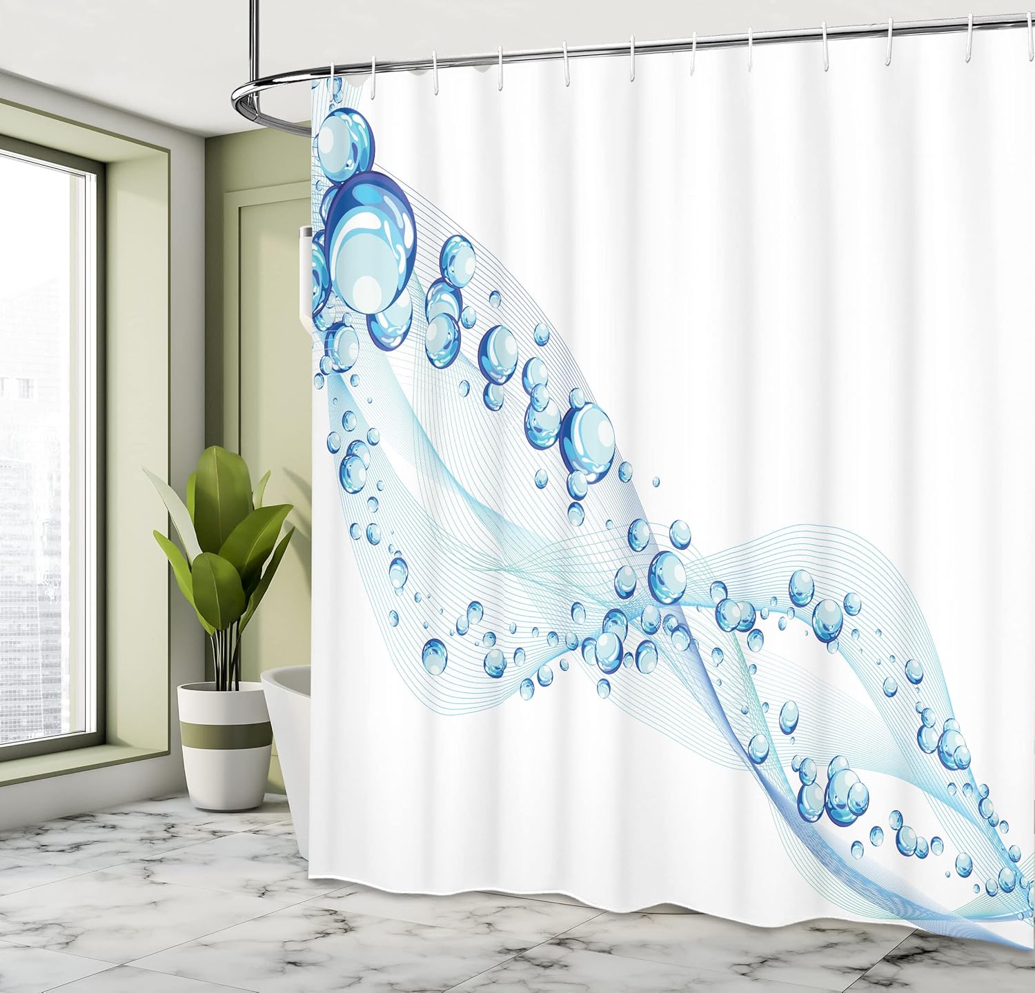 Ambesonne Abstract Shower Curtain, Computer Art Water Liquid Bubbles of Air Purity Crystals Design, Cloth Fabric Bathroom Decor Set with Hooks, 69" W x 70" L, Blue White