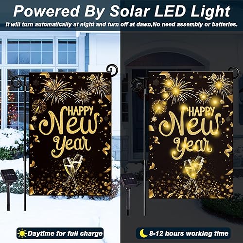 Miniatura 2 de Bandera de jardín iluminada de Feliz Año Nuevo, decoración exterior festiva, celebra el nuevo año, bandera de arpillera solar LED para patio, señal