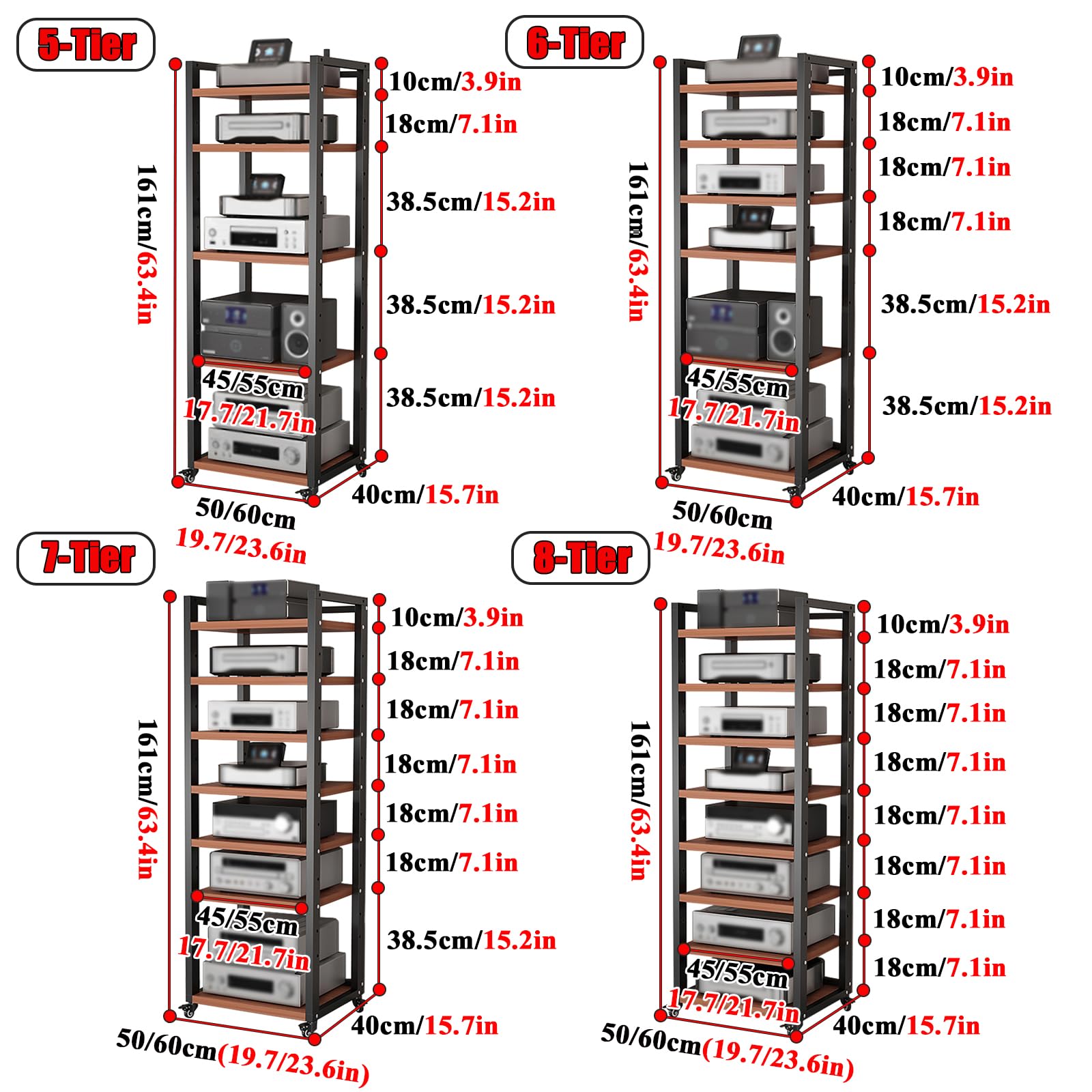 Scaffale stereo regolabile con ruote, supporto per componenti audio a 6 livelli, versatile scaffalatura per dispositivi multimediali, robusta struttura in noce per home theater, 60 x 40 x 161 cm