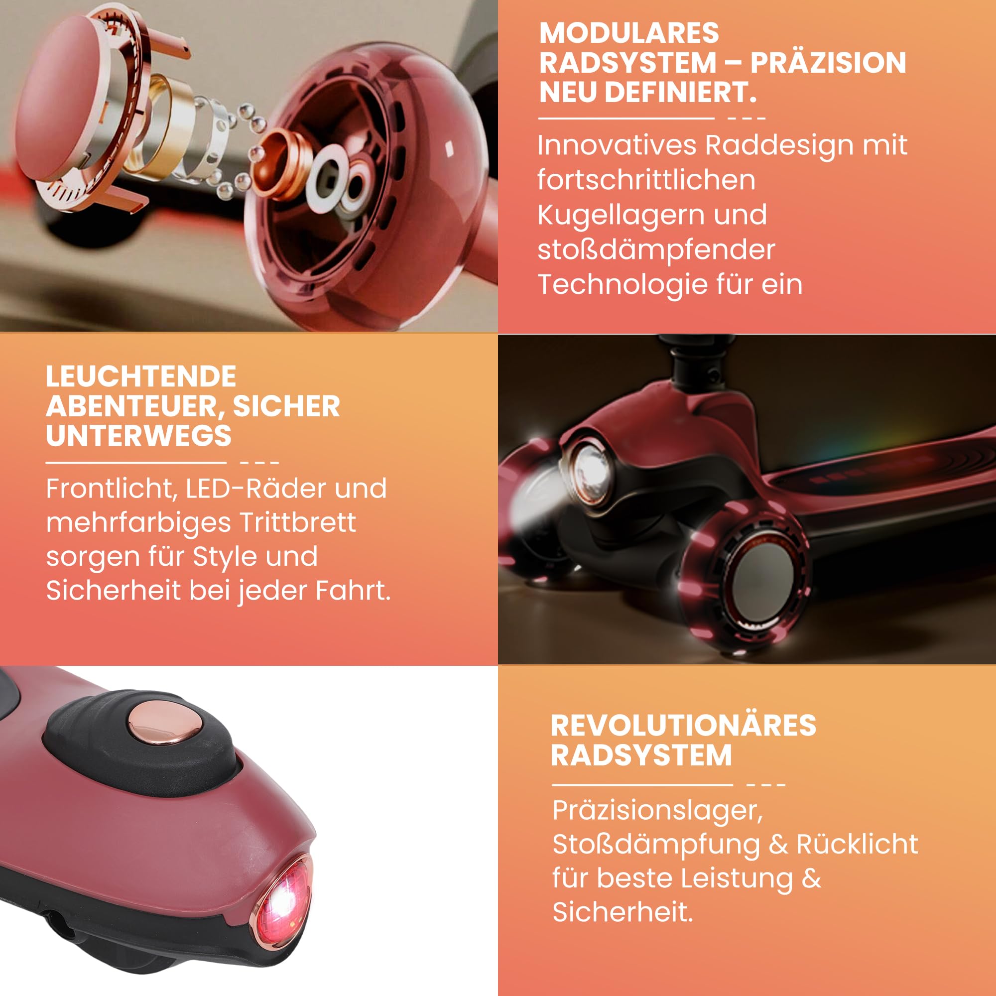 Habib Kinderroller Tretroller 3-Rad - LED Frontlicht, Rücklicht & Leuchtendes Deck Scooter, Faltbar, Höhenverstellbar, rutschfest & Pannensicher (3-10 Jahre)