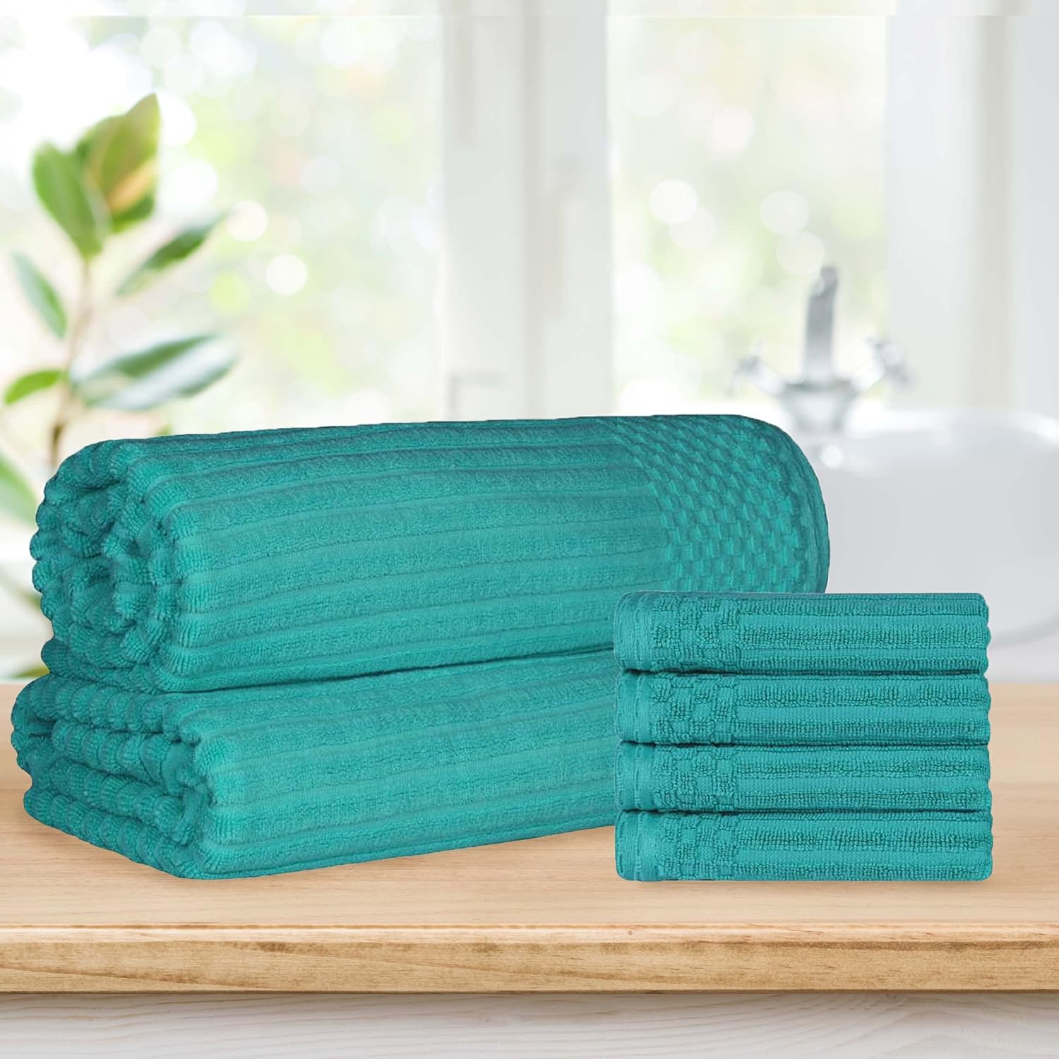 Superior Cotton Towel Set, Includes 2 Bath Sheets and 4 Hand Towels, Daily Use Towels for Home, Bathroom, Guest Bath, Essential Quick Dry, Oversized, Ribbed, Absorbent, Soho Collection, Turquoise