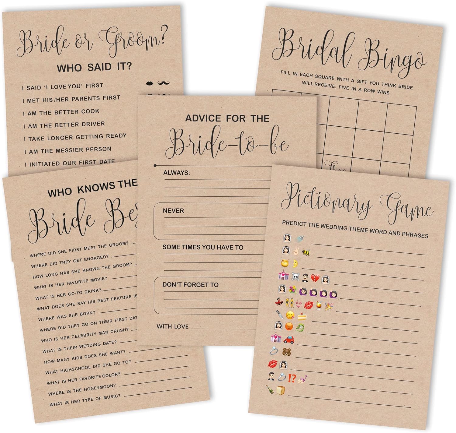 Kraft Rustic Theme Bachelorette Party Games Set of 5 (Activities for 50 Guests) Fun Bridal Shower Games Set Bundle