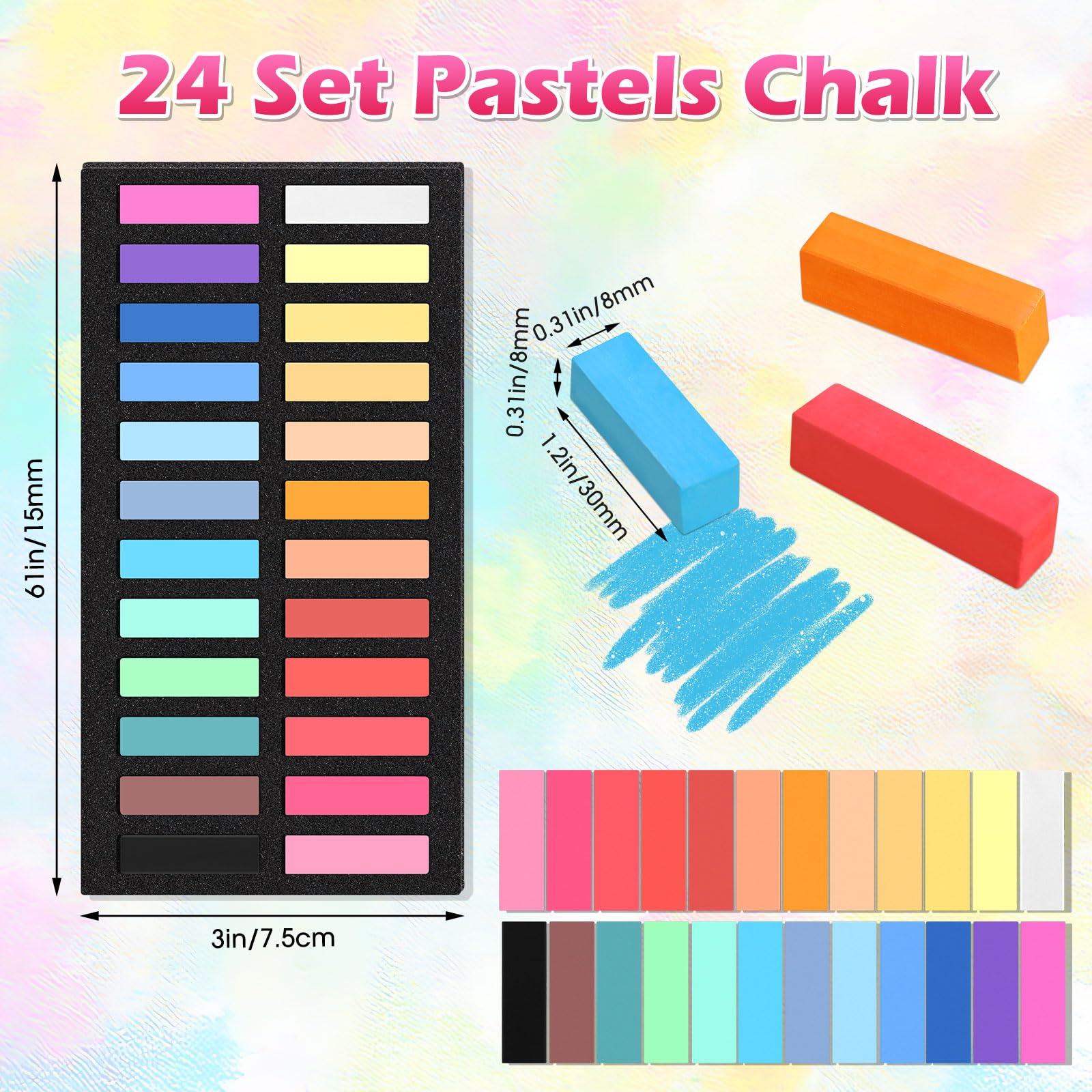 Watersay Lot de 576 bâtons de craie pastels carrés de 24 couleurs en vrac de 3,5 cm pour bureau, art, dessin, peinture, kit de fournitures artistiques professionnelles
