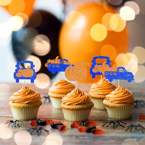 Miniatura 5 de Ercadio Paquete de 36 adornos de calabaza para cupcakes con purpurina azul, cosecha de otoño, calabaza, camión, cupcake para cosecha de otoño,
