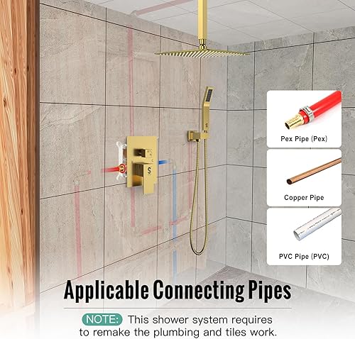 Miniatura 3 de SR SUN RISE Sistema de ducha montado en el techo de 12 pulgadas, mezclador de lluvia, sistema de cabezal de ducha de lluvia, dorado cepillado, Oro