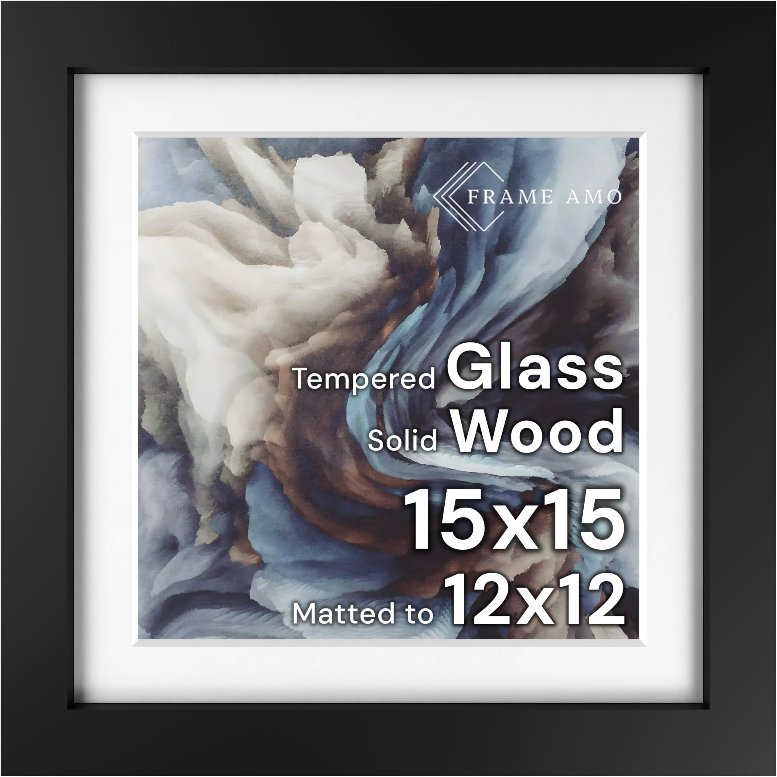 Frame Amo 15x15 Black Solid Wood Poster Frame, White Mat for 12x12 Image, Tempered Glass Front, 1.5 inch Wide, 1 inch Thick, High-End, Heavy-Duty, Gallery Grade & Acid-Free