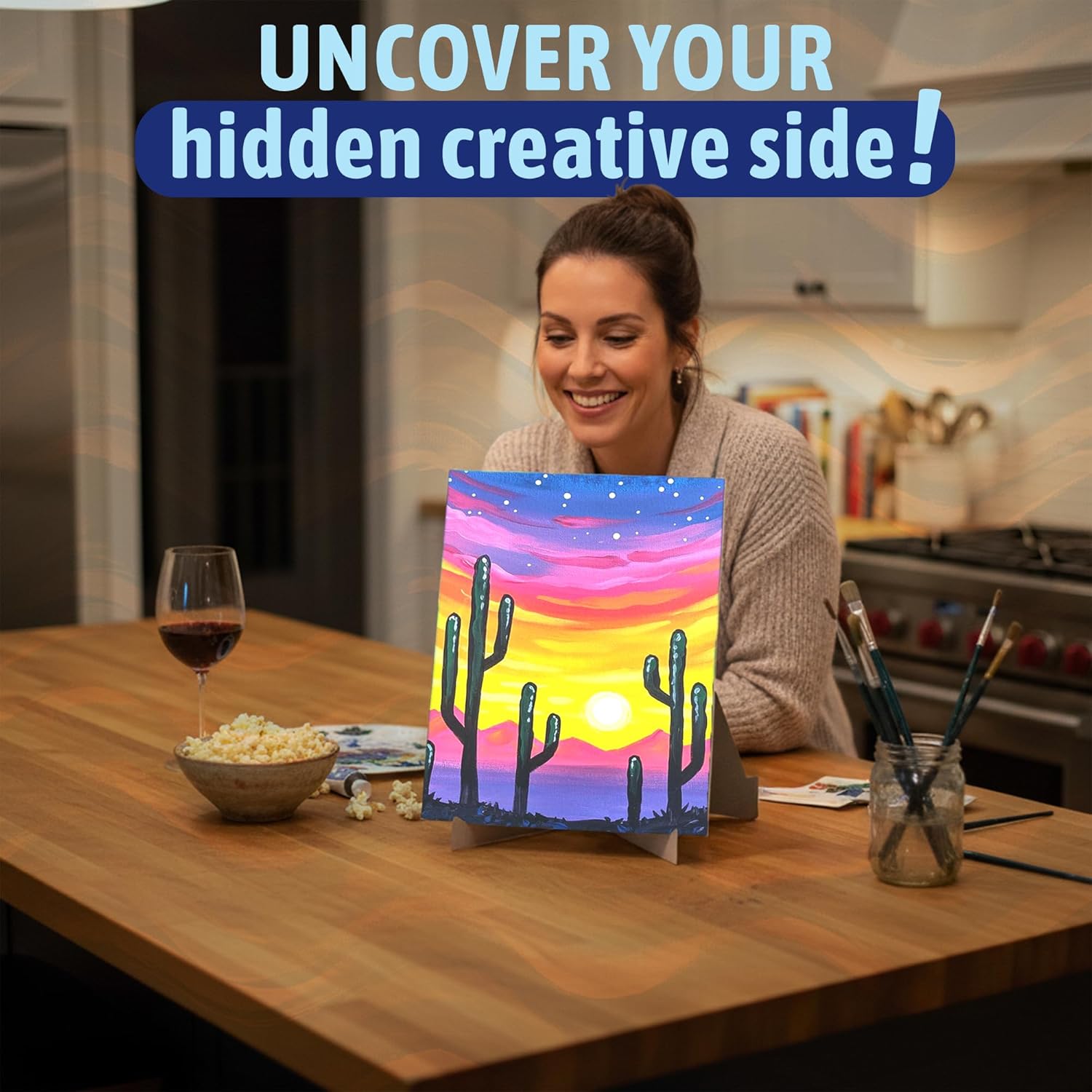 Painting to Gogh – Desert Stargazing - Painting Kit for Adults – 11x14 Canvas, 5 Paint Brushes, Acrylic Paints, Easel, Palette, Apron & Step-by-Step Video Tutorial – for Beginners & Art Lovers