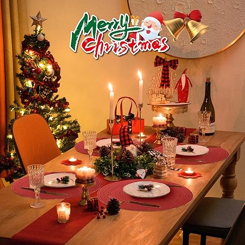 Miniatura 4 de FunWheat Juego de 6 manteles individuales redondos para mesas de comedor, lavables, antideslizantes, 15 pulgadas para Navidad (brillo rojo)