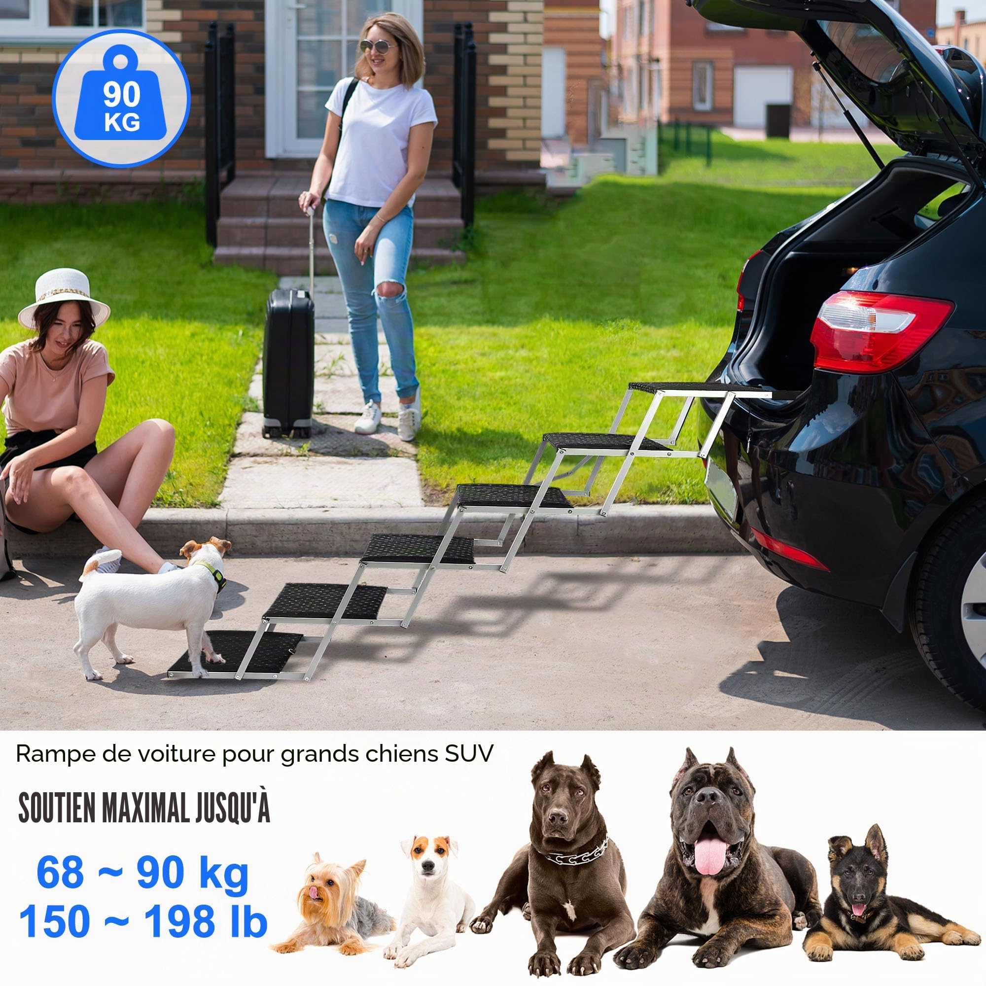 Escalier pour Chien 5 marches, Rampe Voiture pour Chiens Pliable, Charge 113 kg, Surface antidérapante, Aluminium léger, Larges marchepied Portable pour Compagnie, Voiture, SUV, Camion argenté