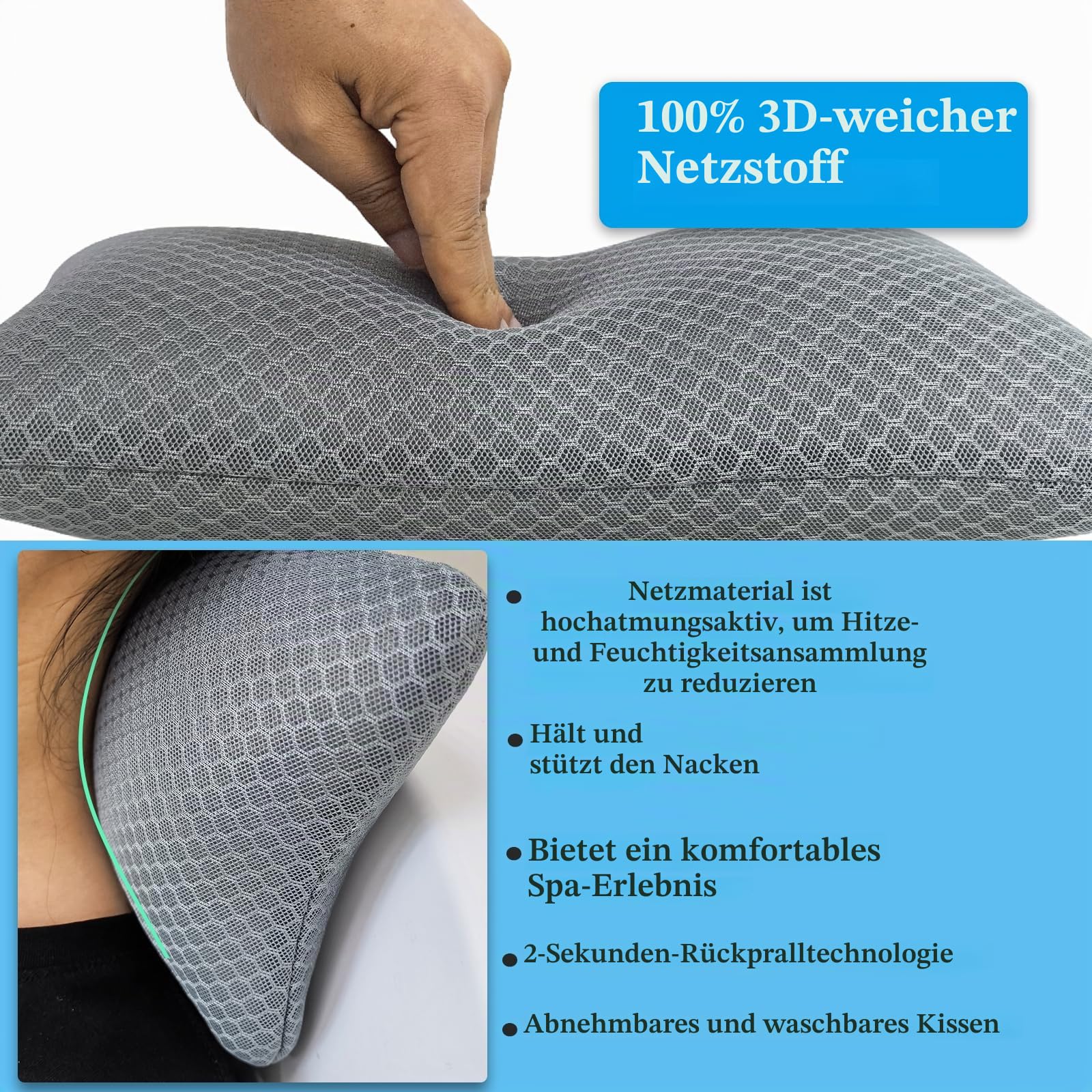 REEZEIVI Whirlpool-Kopfstützenkissen, Chaiselongue-Kissen, 3D-Luftnetz, Spa-Kissen für den Außenbereich, schnell trocknend und waschbar, Kopf- und Nackenstützkissen mit verstellbarem gewichtetem Gurt,