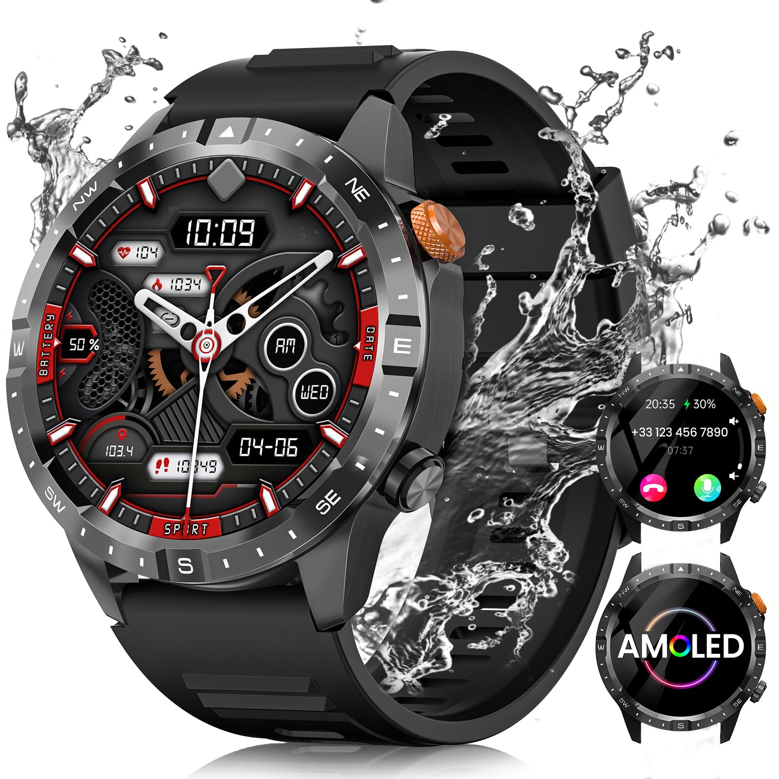 2024 Reloj Inteligente Hombre, 1.43" AMOLED Smartwatch con Llamadas, 24/7 Pulsómetro SpO2, Monitor de Sueño, Podómetro, 450mAh IP68 Impermeable Pulsera Actividad 70+ Modos Deportivos Android iOS Negro
