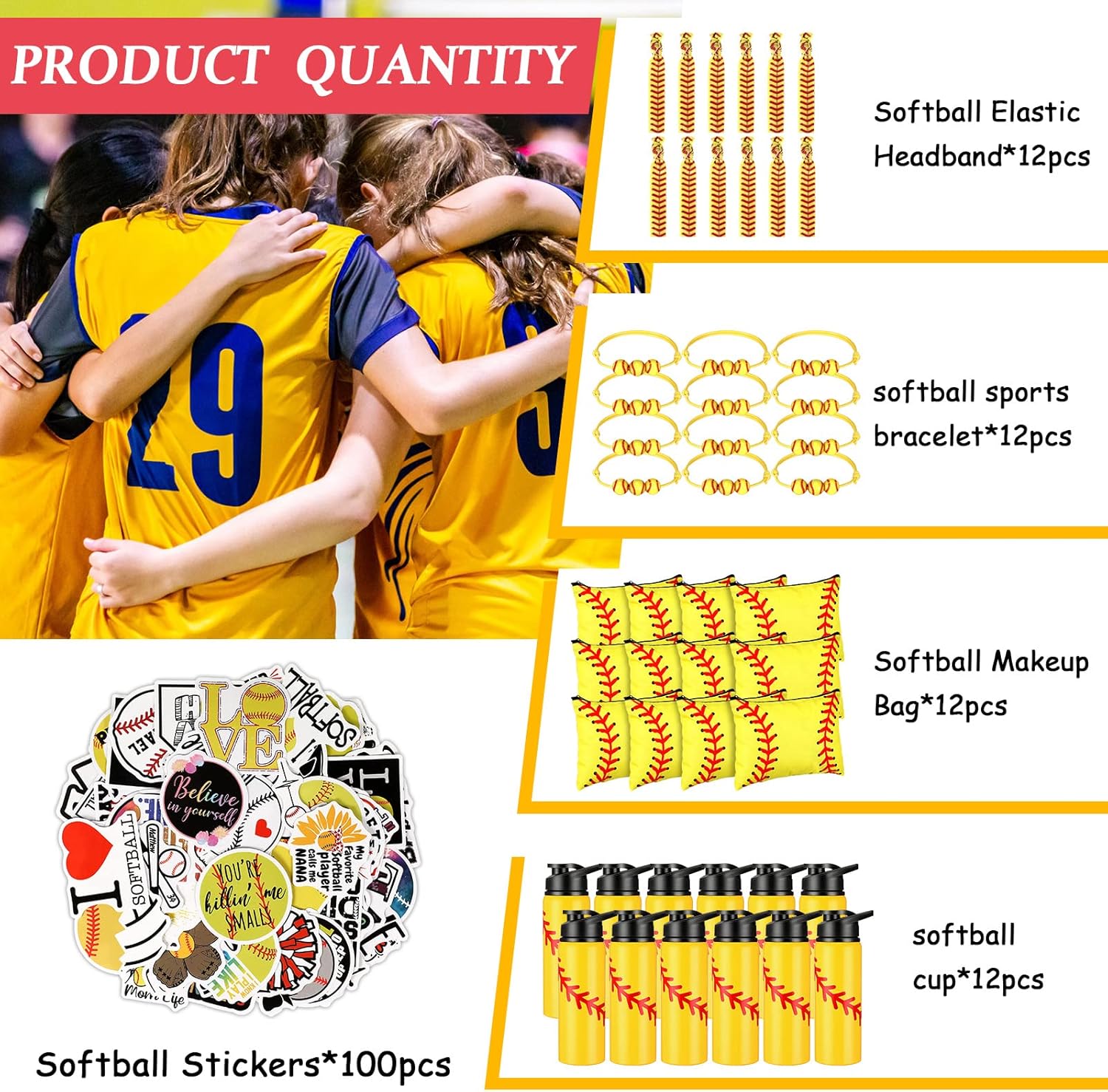 LEIFIDE 148 Pcs Softball Team Gifts Include Softball Water Bottle Makeup Bags Softball Bracelet Hair Ties Sticker Softball Accessories Softball Party Favors for Birthday Supplies