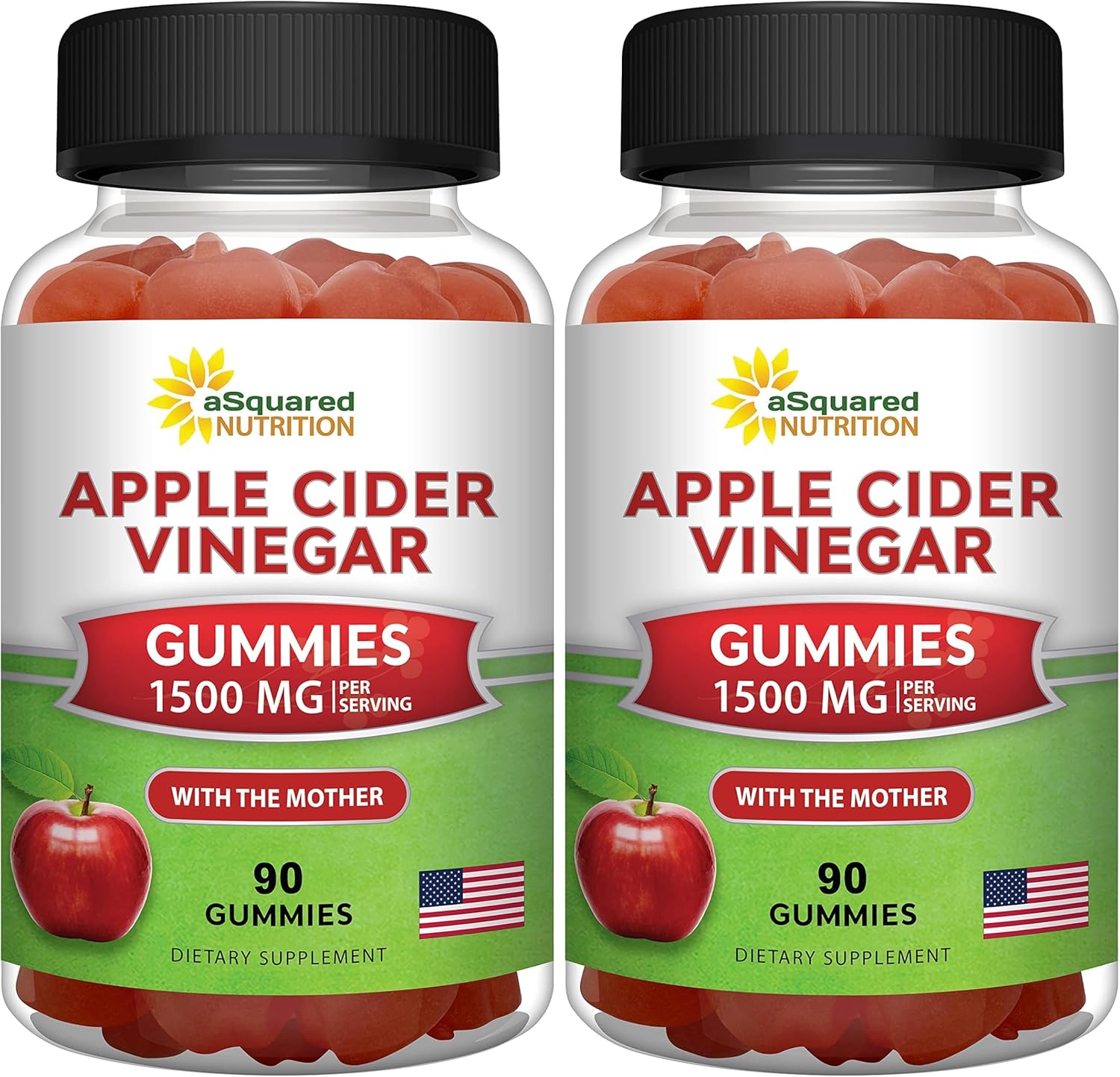 aSquared Nutrition Apple Cider Vinegar Gummies - 1500mg Per Serving - with The Mother - 90 ACV Gummies w/Vitamin B6 & B12, Folic Acid - Vegan Gummy Supplement Alternative to Capsules Pills (Pack of 2)