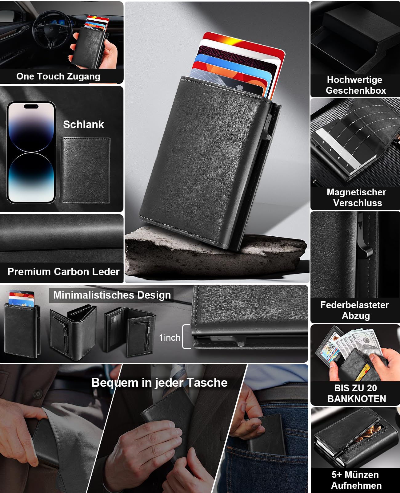 UNOSEKS Cartera para Hombre – Cartera para Hombre con protección RFID, Cartera Delgada con Compartimento para Monedas, Smart Wallets, Negro
