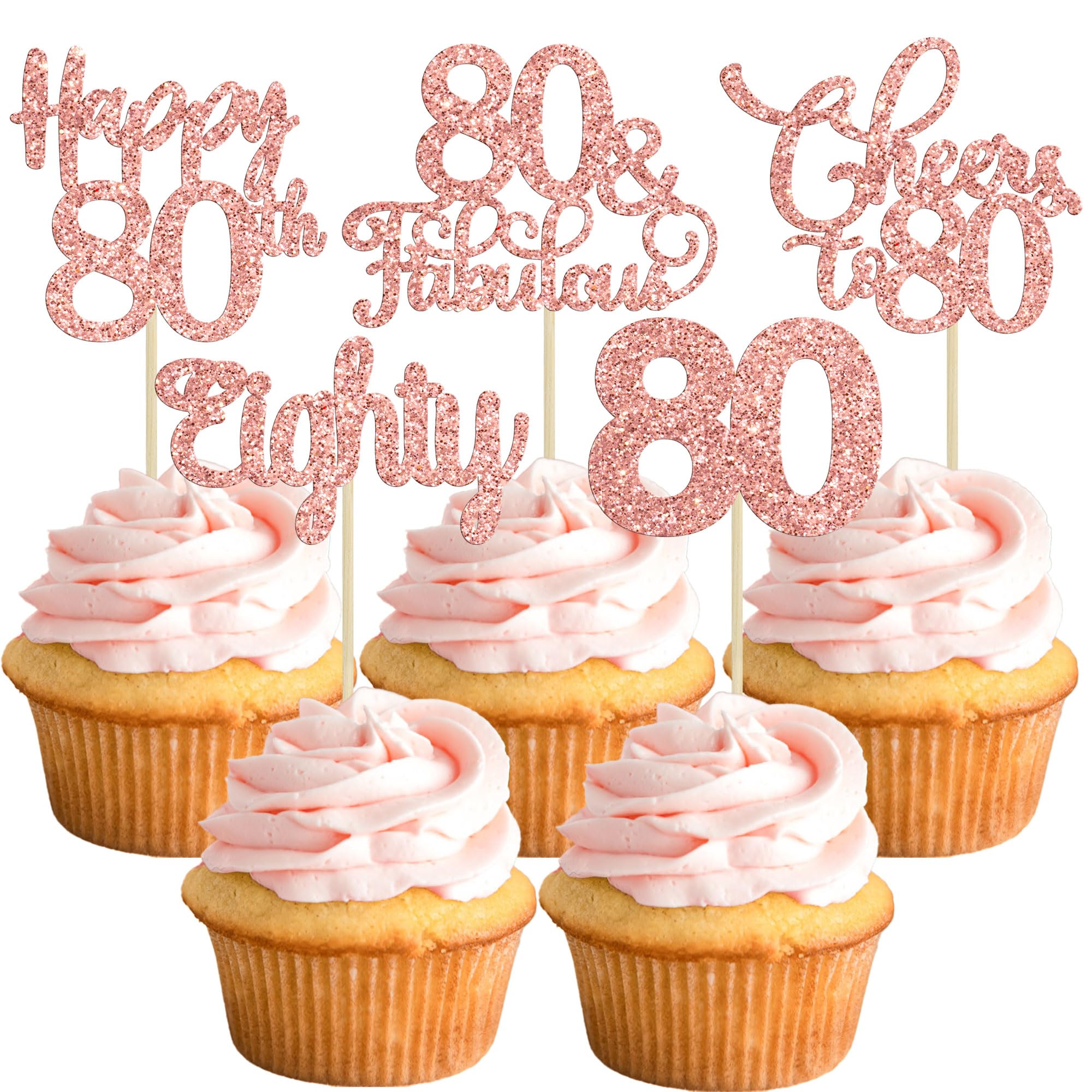 30 Pack Happy 80th Birthday Cupcake Toppers - Rose Gold Glitter Eighty Cheers to 80 Years Old Cupcake Picks for Anniversary Party Cake Decorations